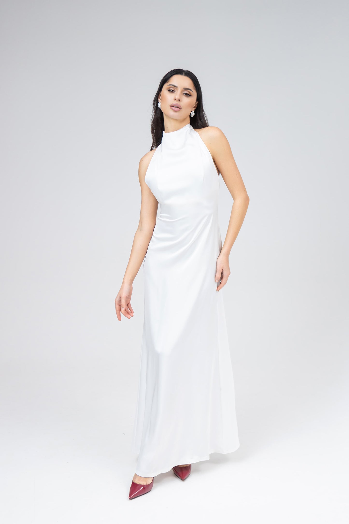 Satin Tie-Neck Halter Maxi Dress