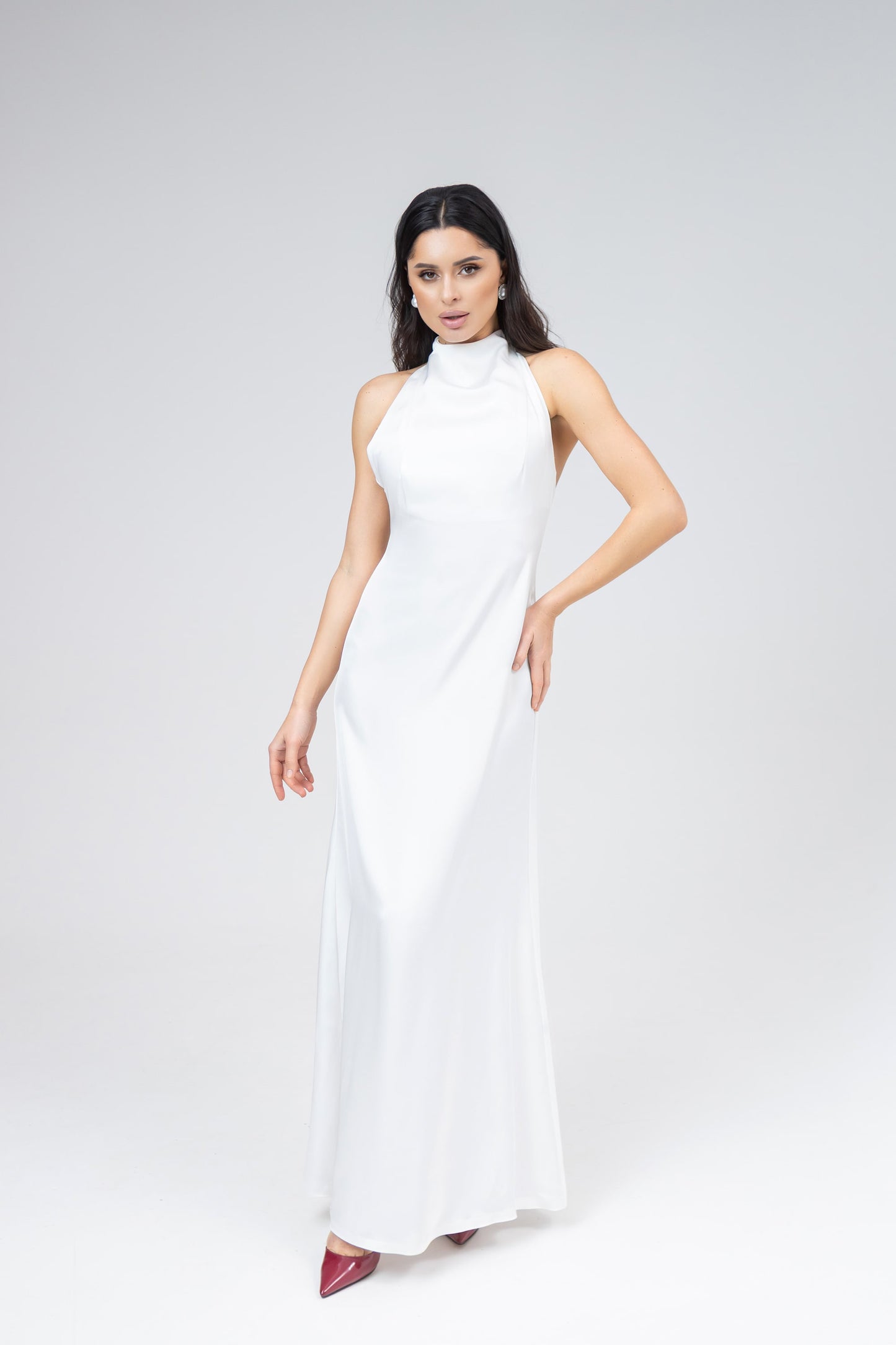 Satin Tie-Neck Halter Maxi Dress
