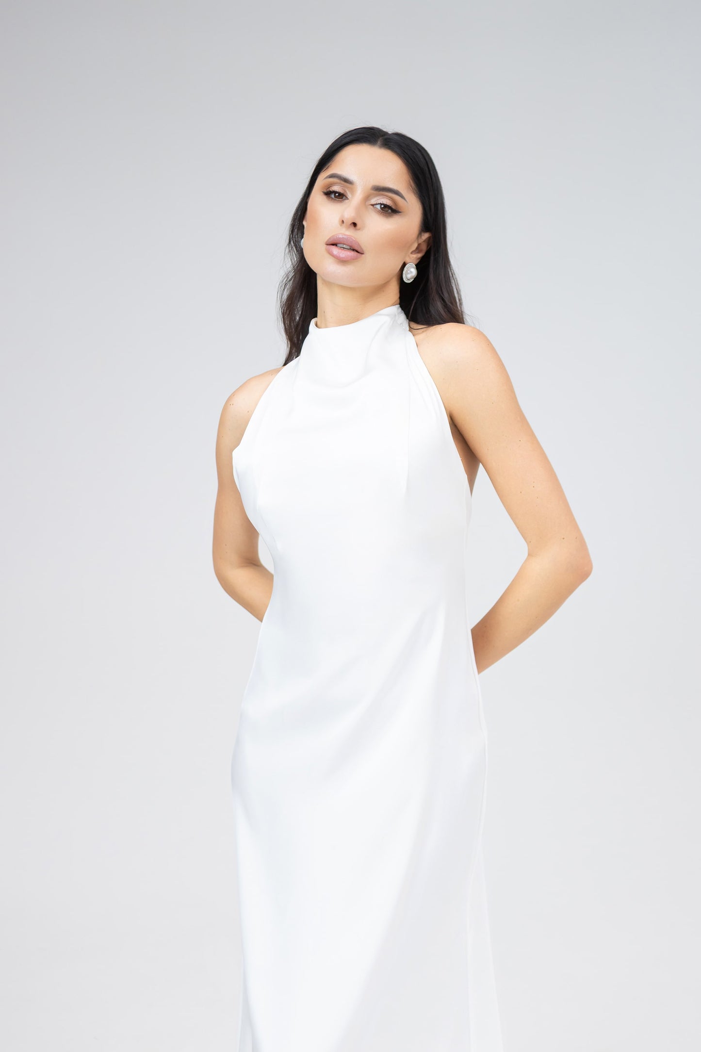 Satin Tie-Neck Halter Maxi Dress