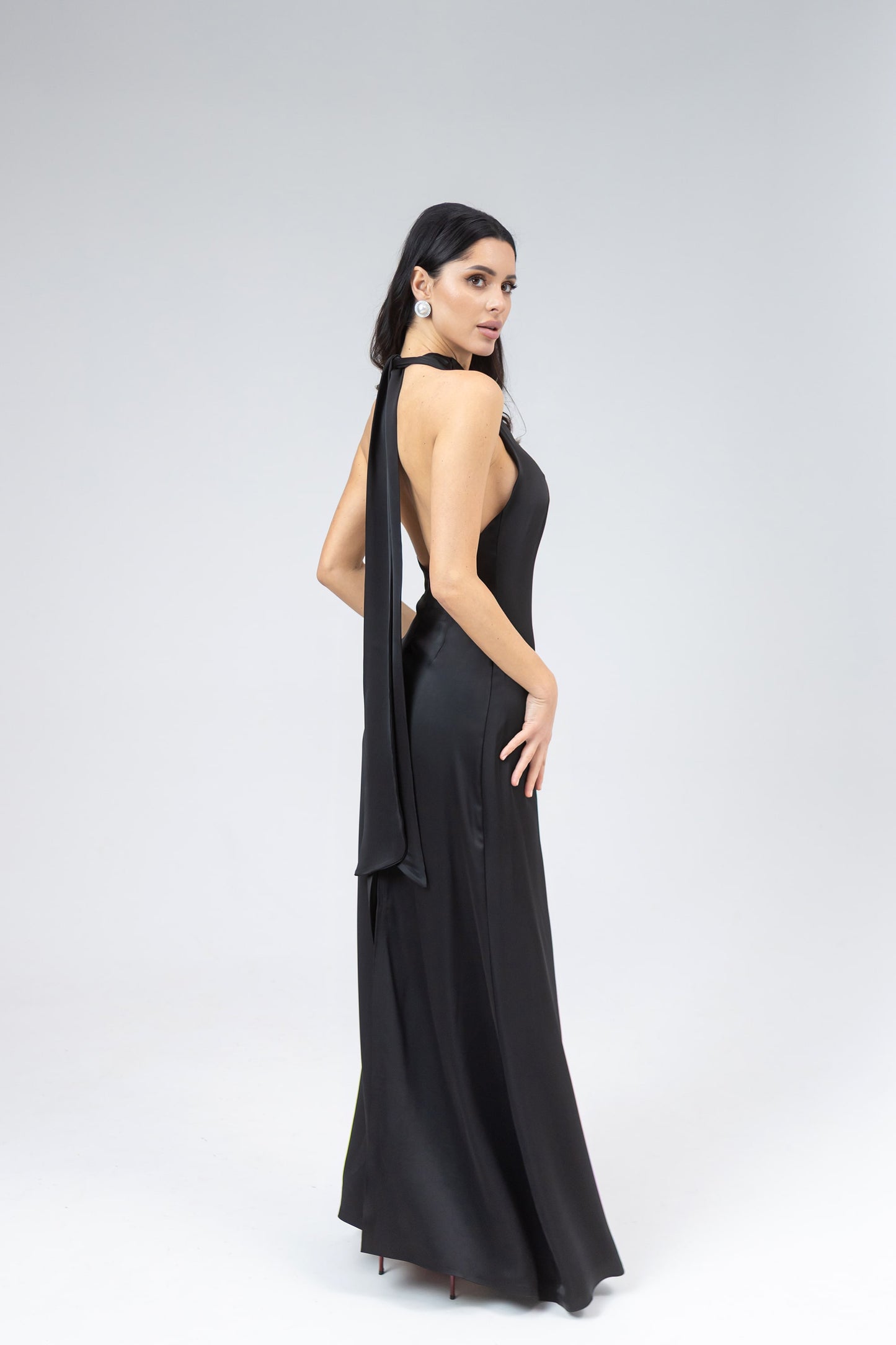Satin Tie-Neck Halter Maxi Dress