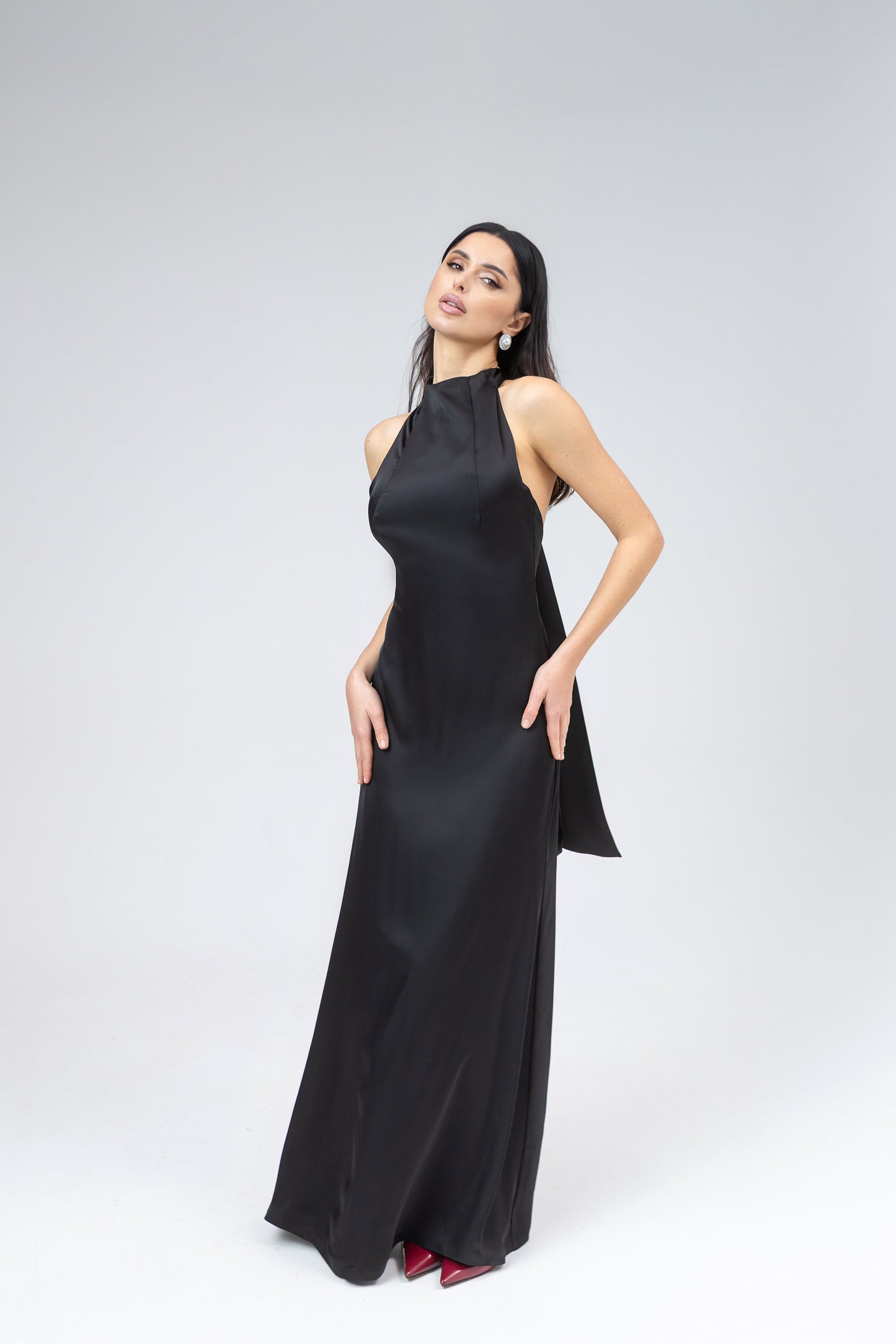 Satin Tie-Neck Halter Maxi Dress