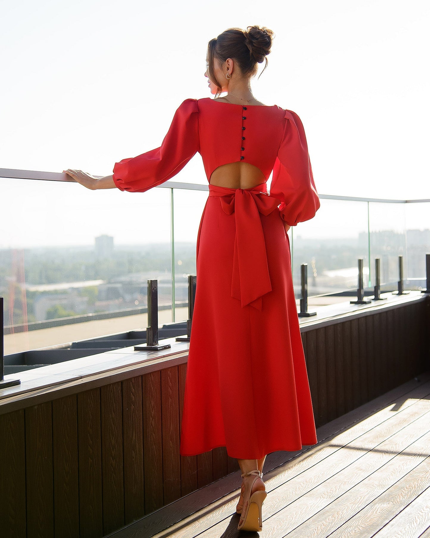 Backless Puff Sleeve Midi Dress