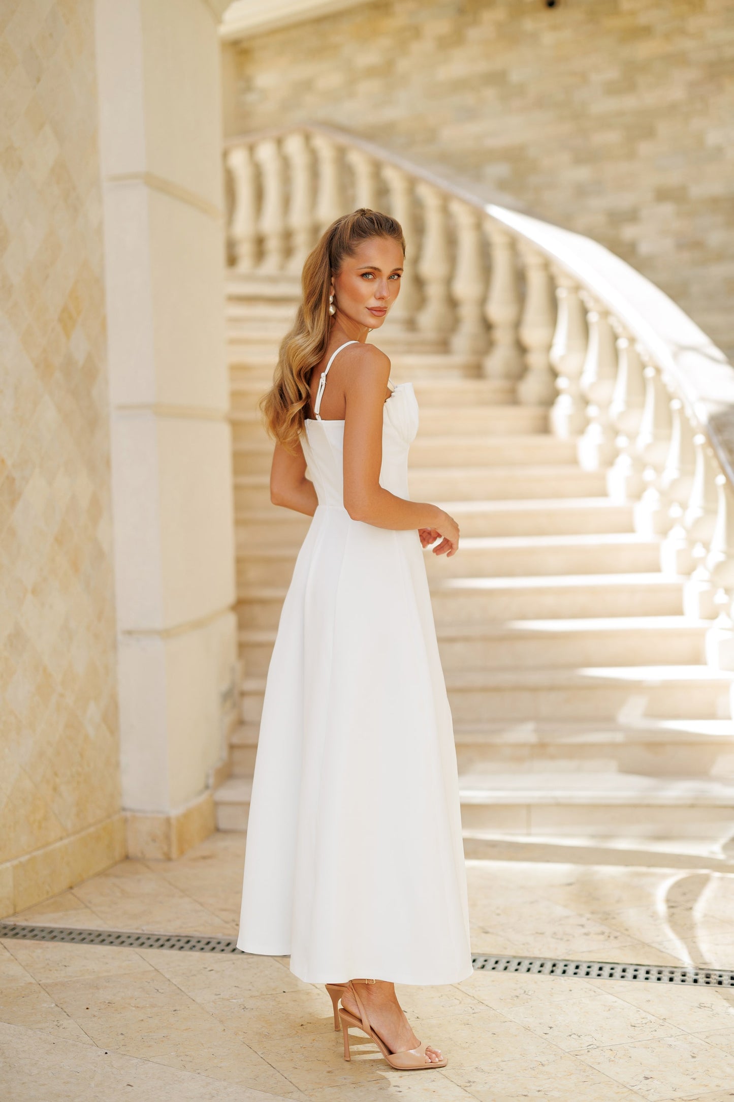 Shell-Pleated Bustier Spaghetti Strap Midi Dress