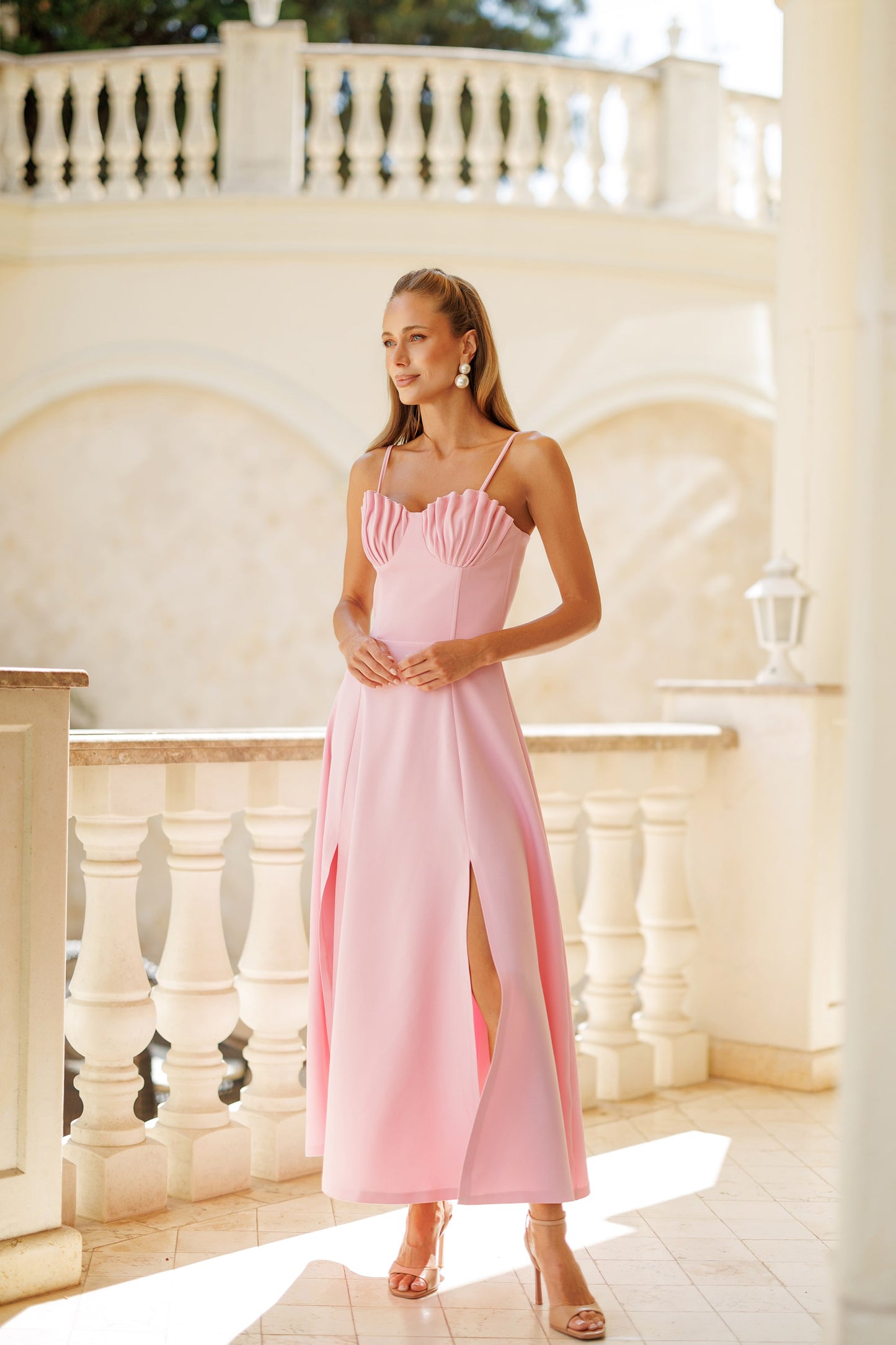 Shell-Pleated Bustier Spaghetti Strap Midi Dress