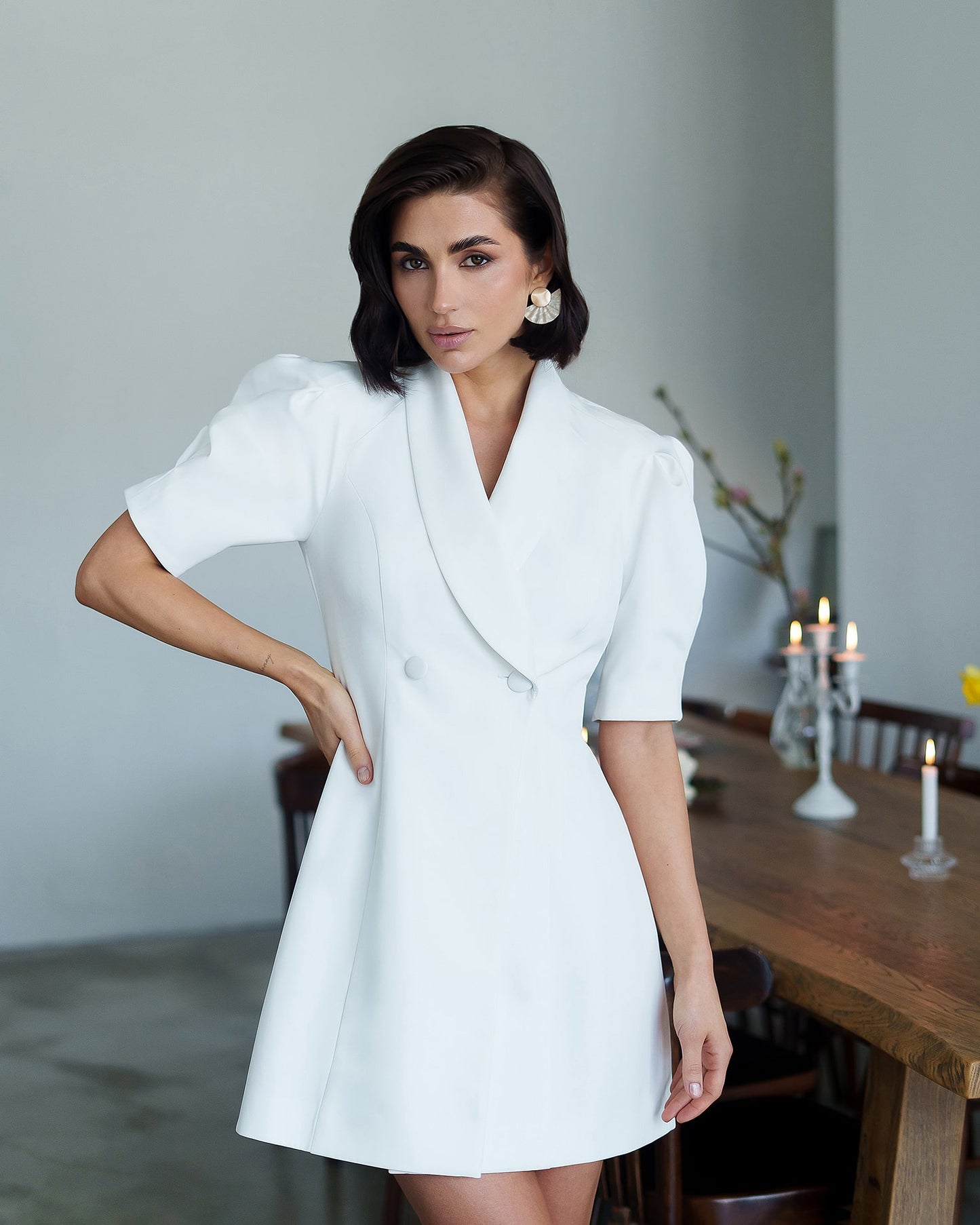 Collared Puff-Sleeve Mini Dress