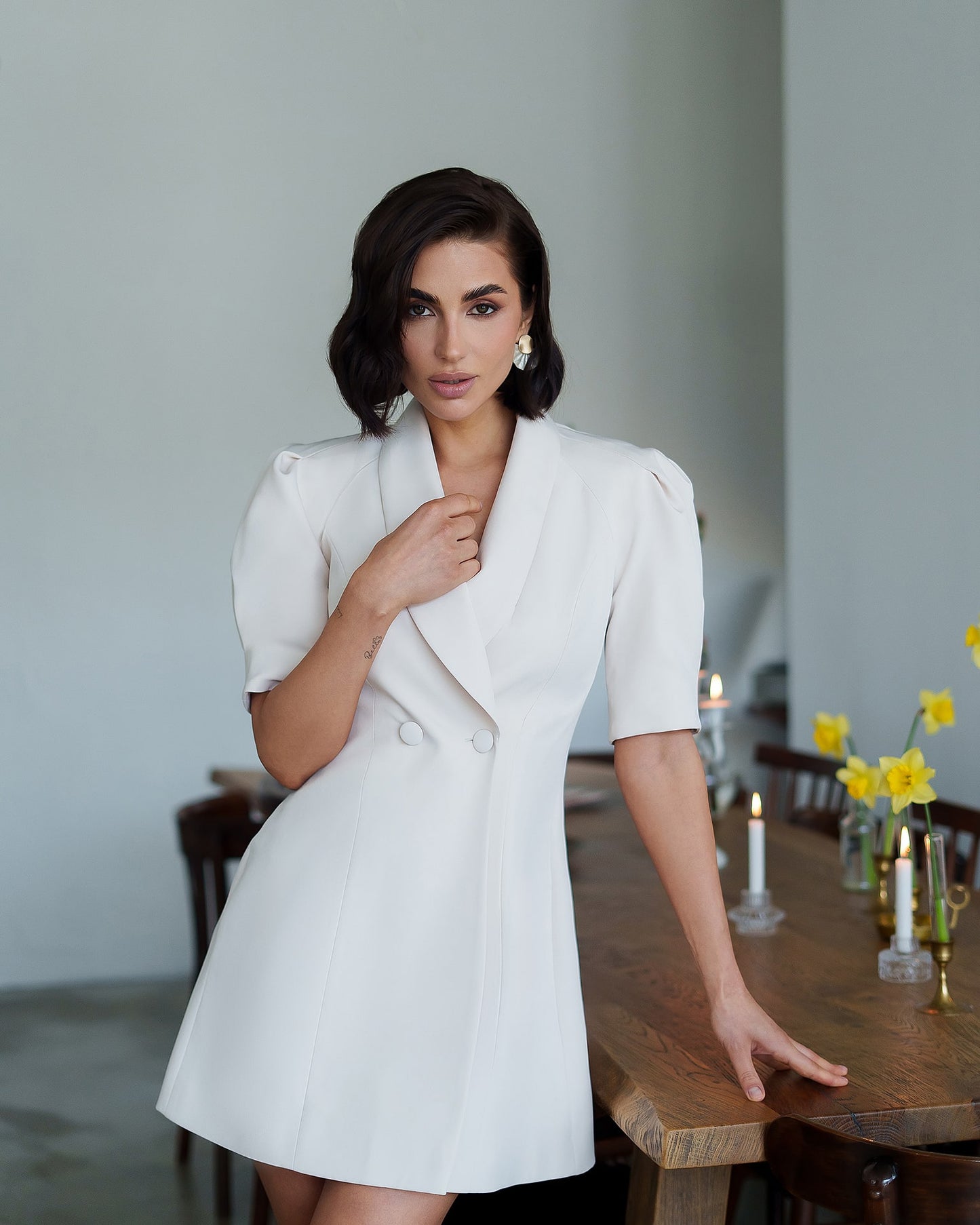 Collared Puff-Sleeve Mini Dress