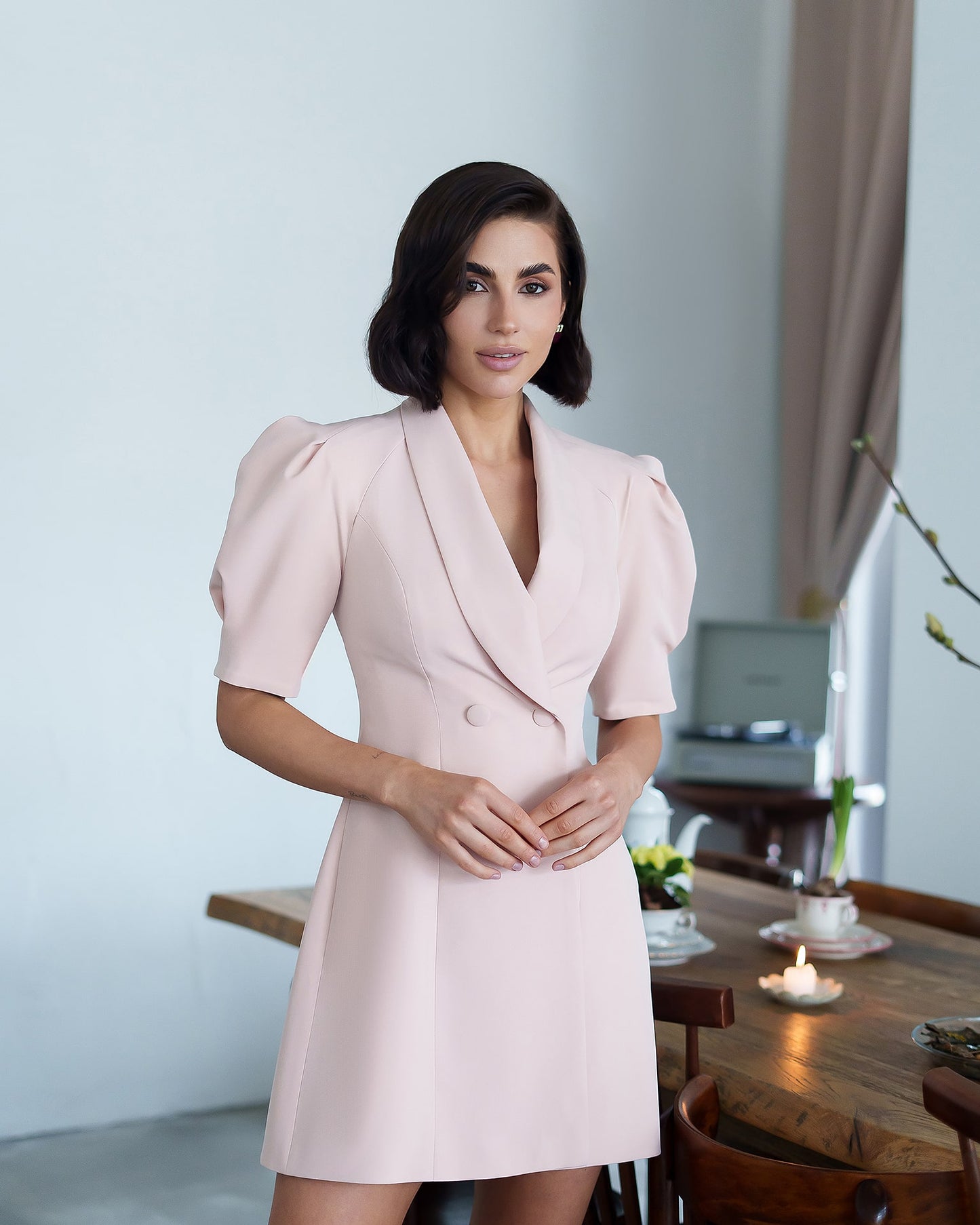 Collared Puff-Sleeve Mini Dress