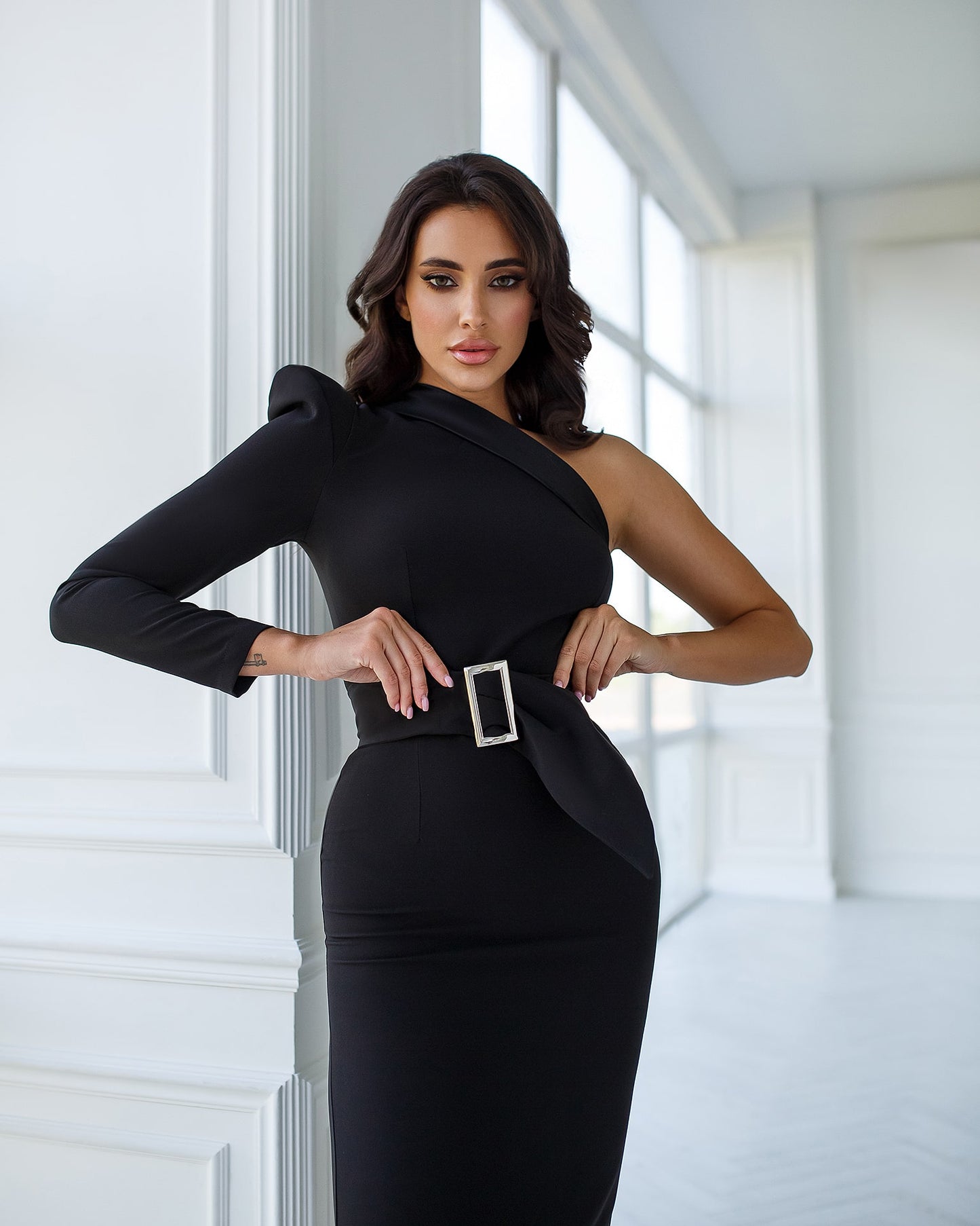 One-Shoulder Belted Midi Dress