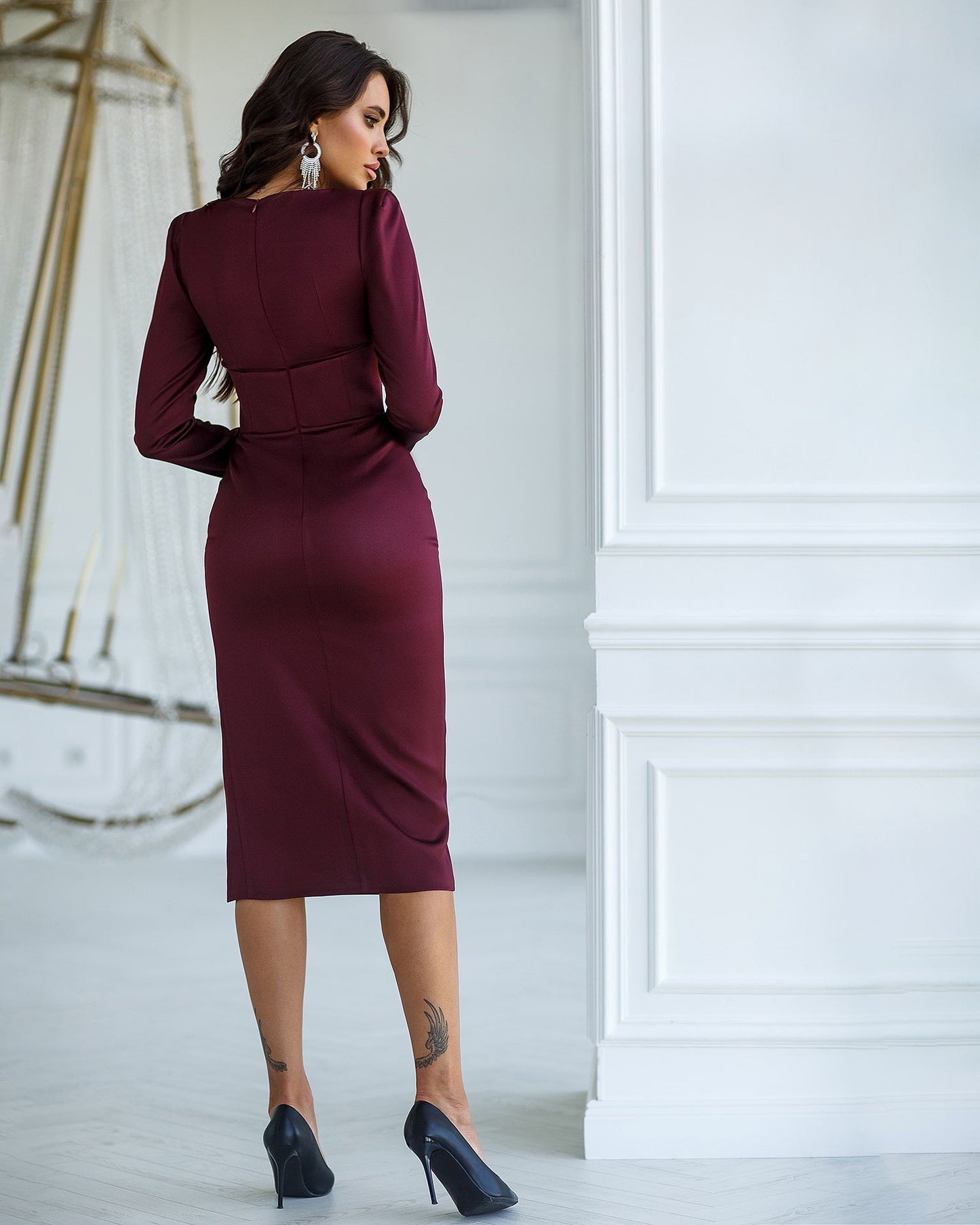 Satin Long Sleeve Midi Dress