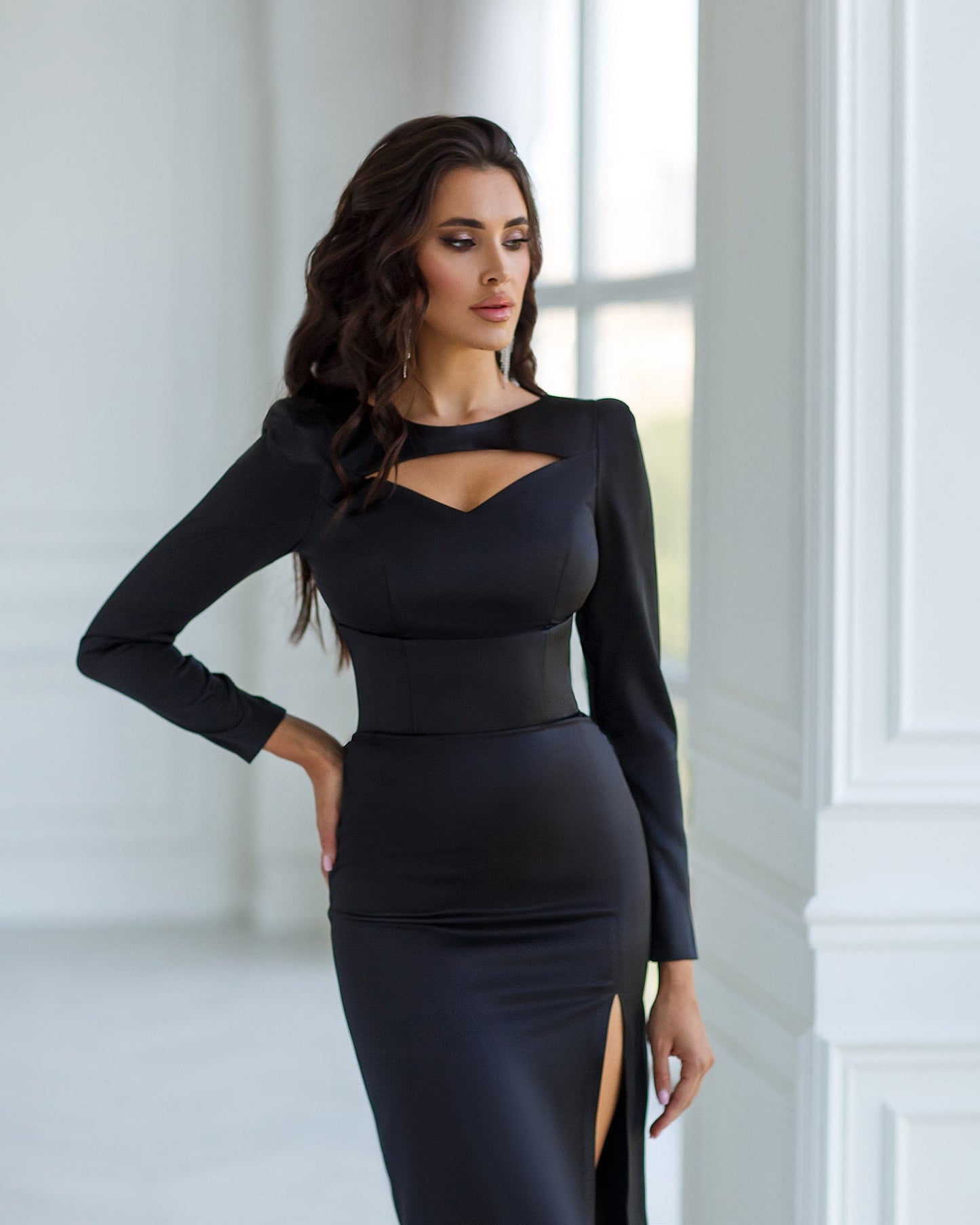 Satin Long Sleeve Midi Dress