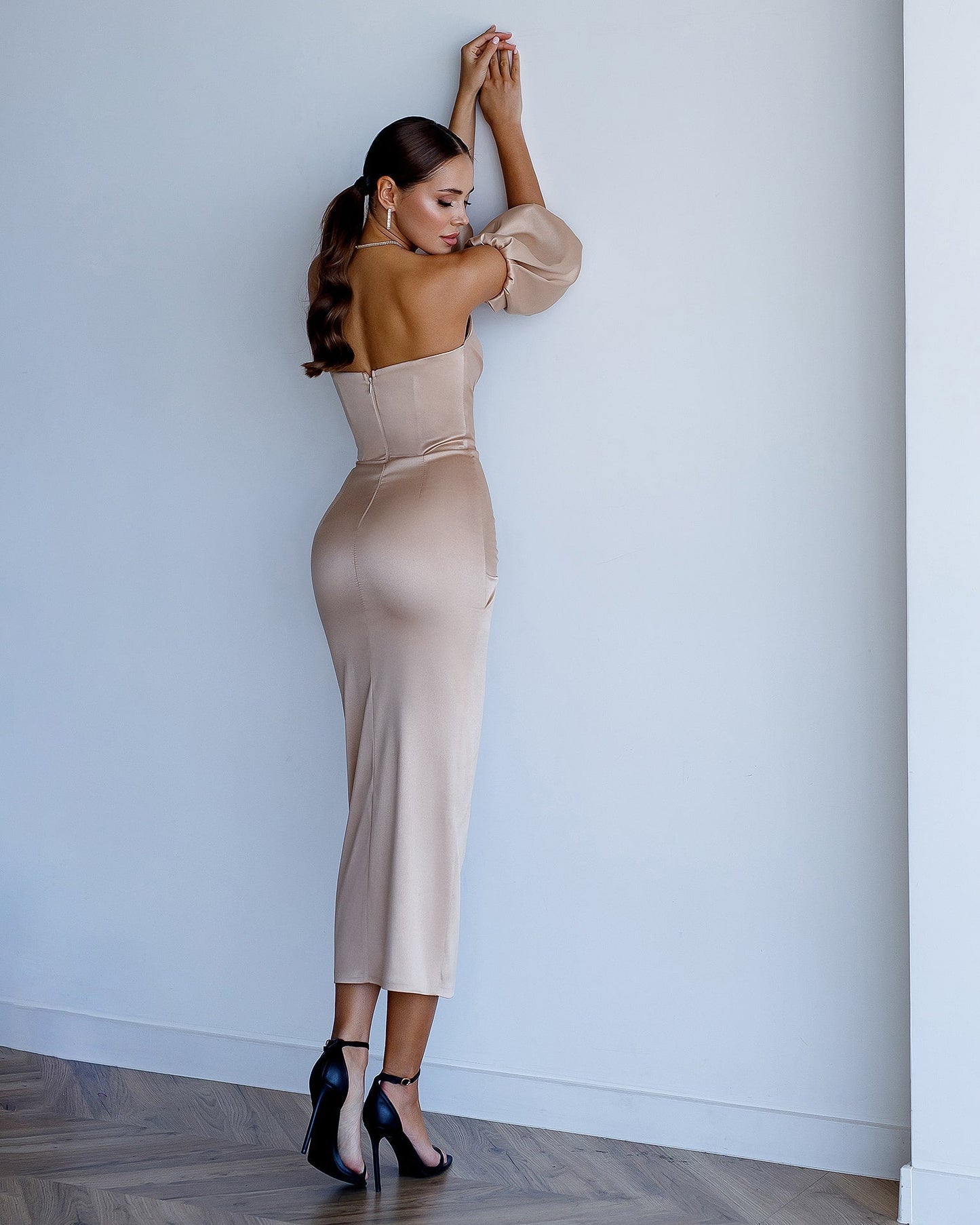 Satin Puff-Sleeve Midi Dress