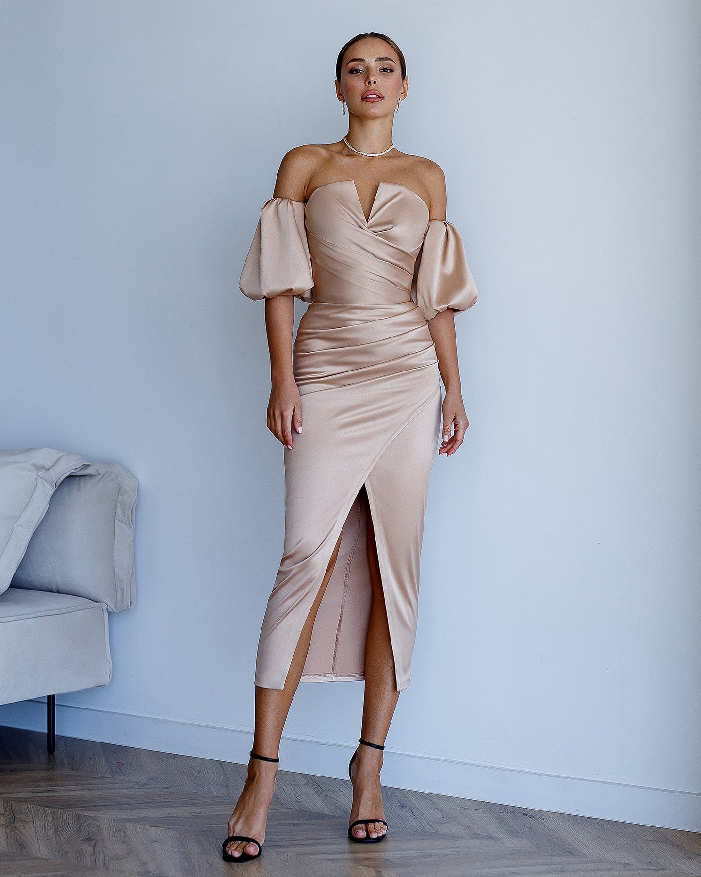 Satin Puff-Sleeve Midi Dress