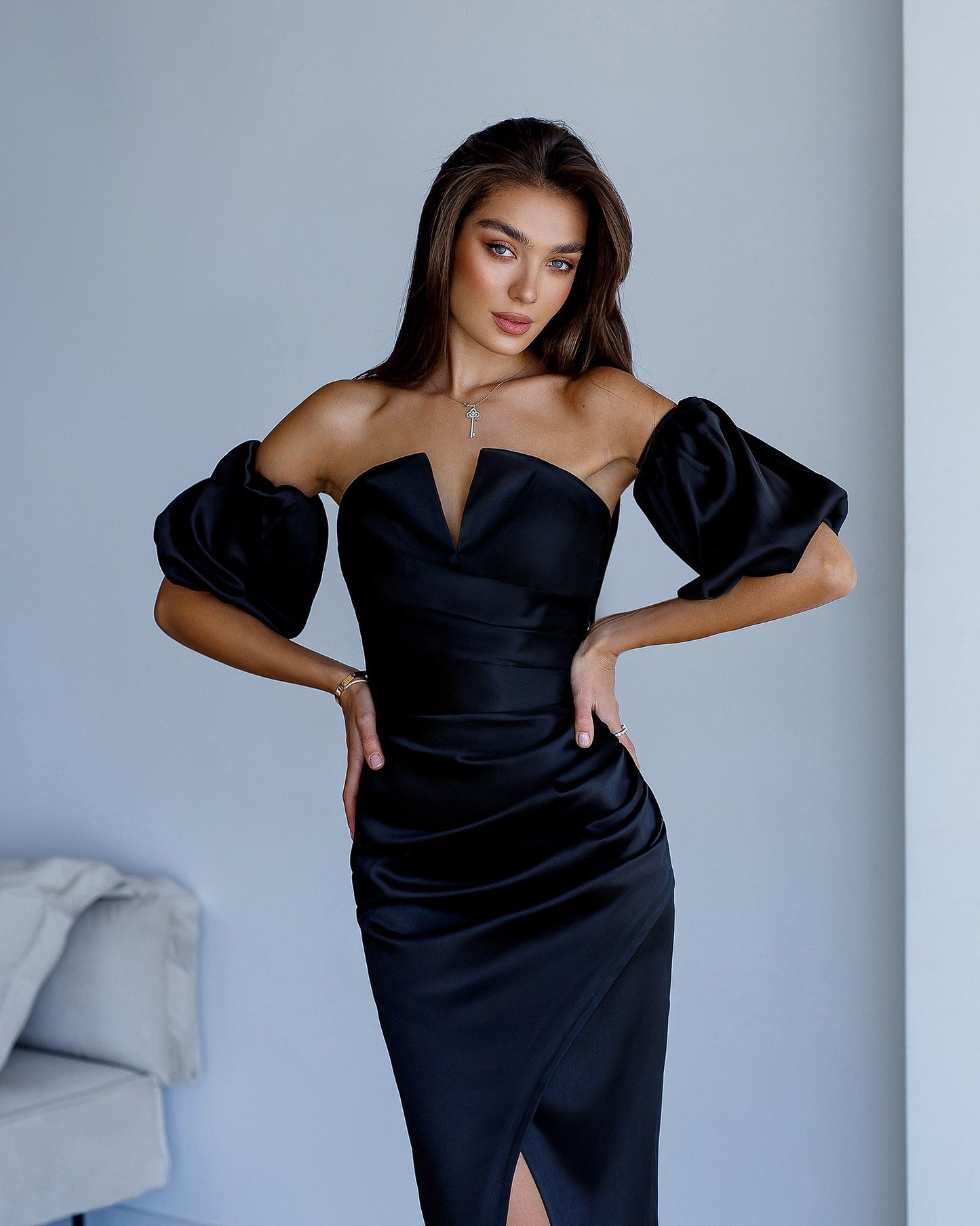 Satin Puff-Sleeve Midi Dress