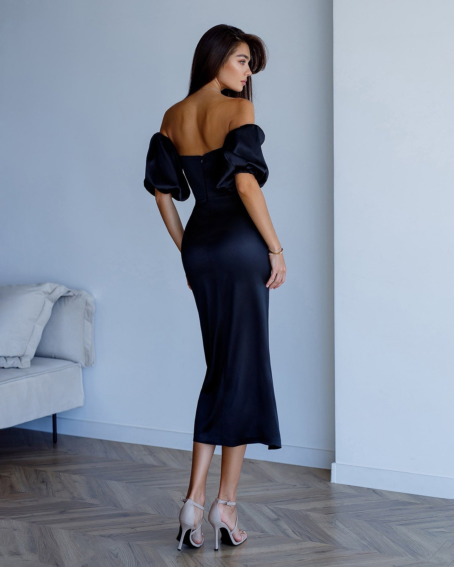 Satin Puff-Sleeve Midi Dress