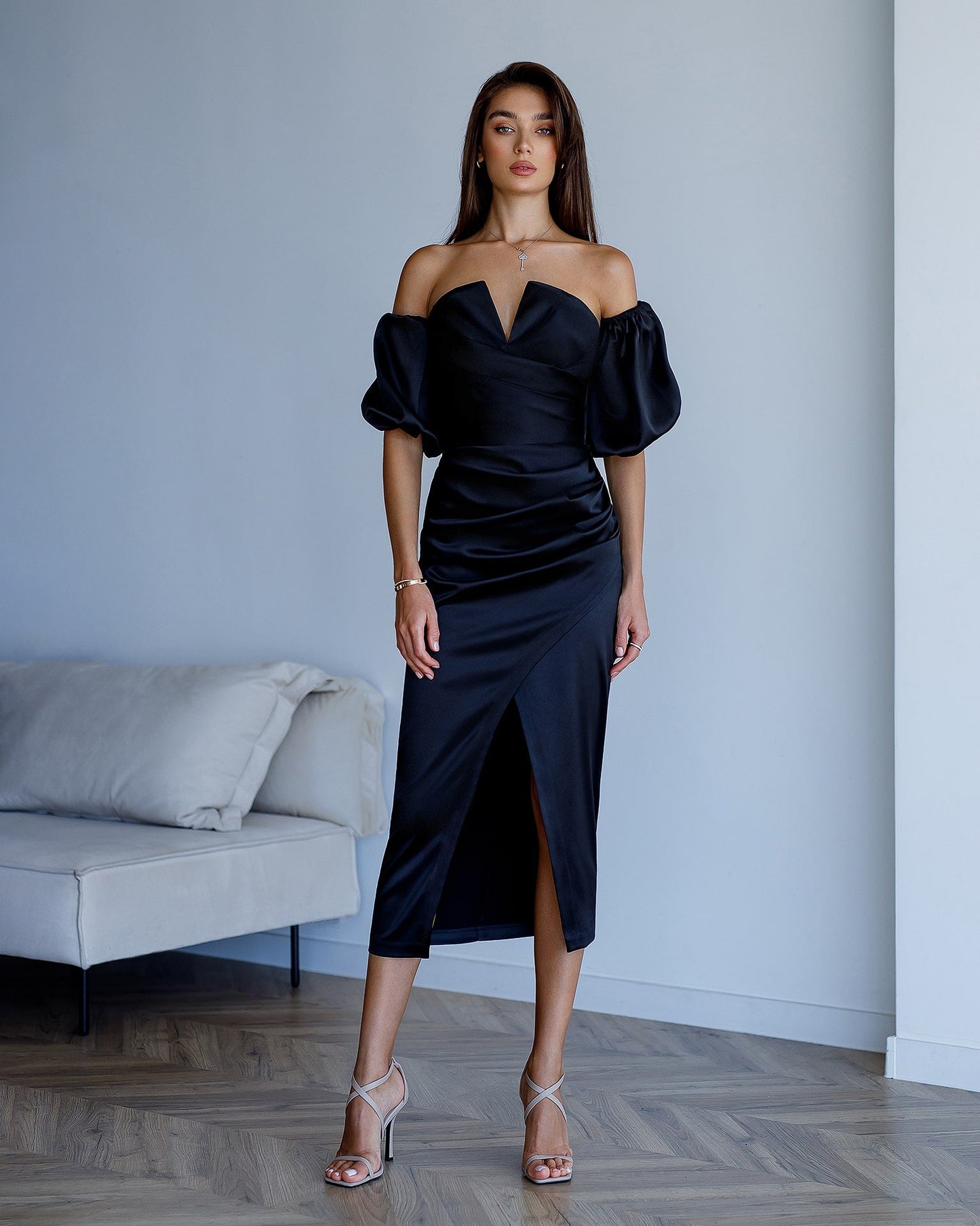Satin Puff-Sleeve Midi Dress