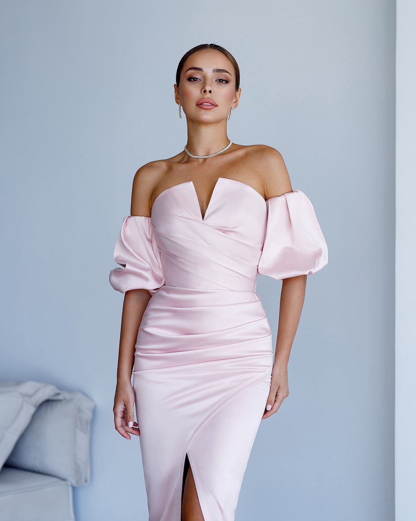 Satin Puff-Sleeve Midi Dress