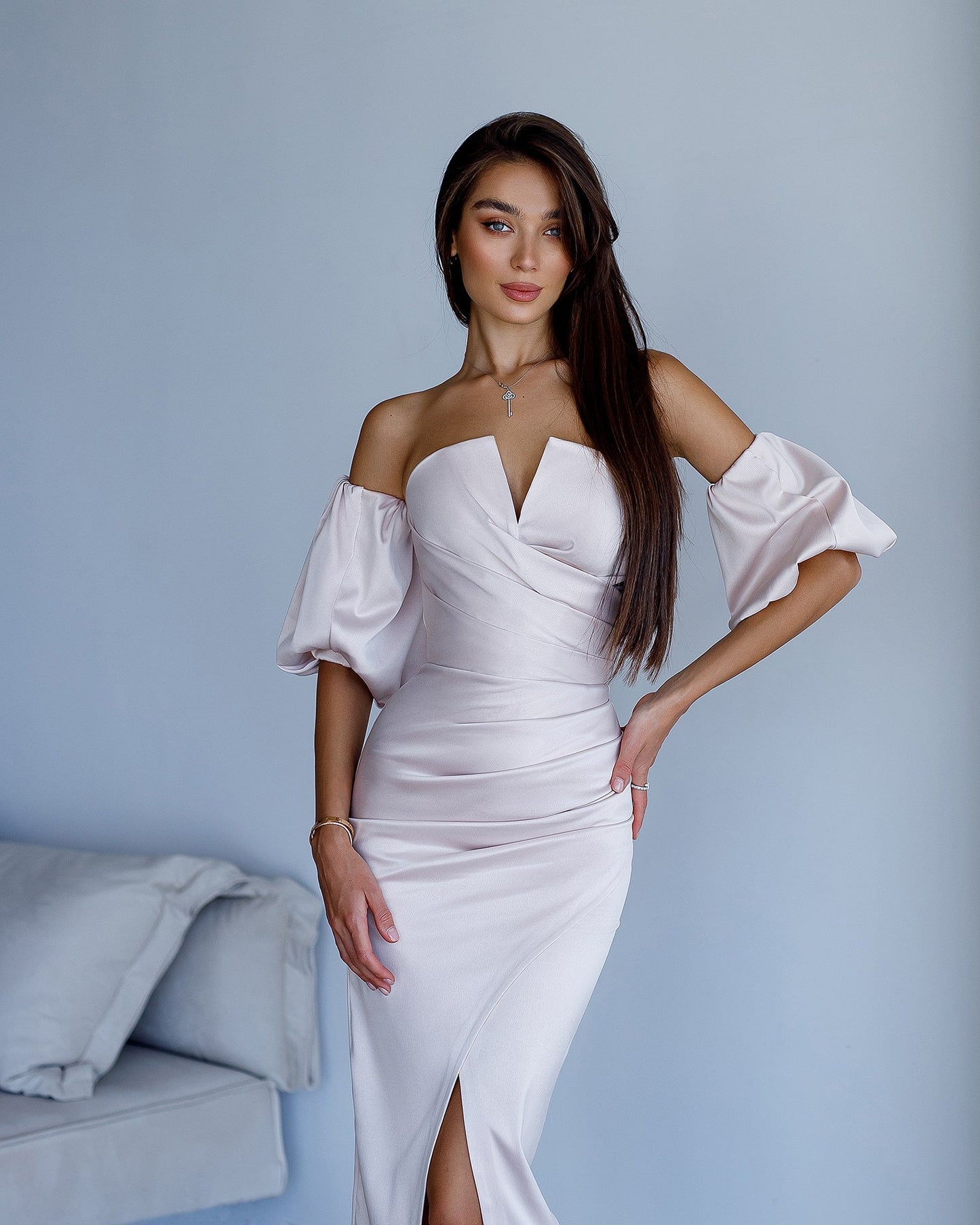 Satin Puff-Sleeve Midi Dress