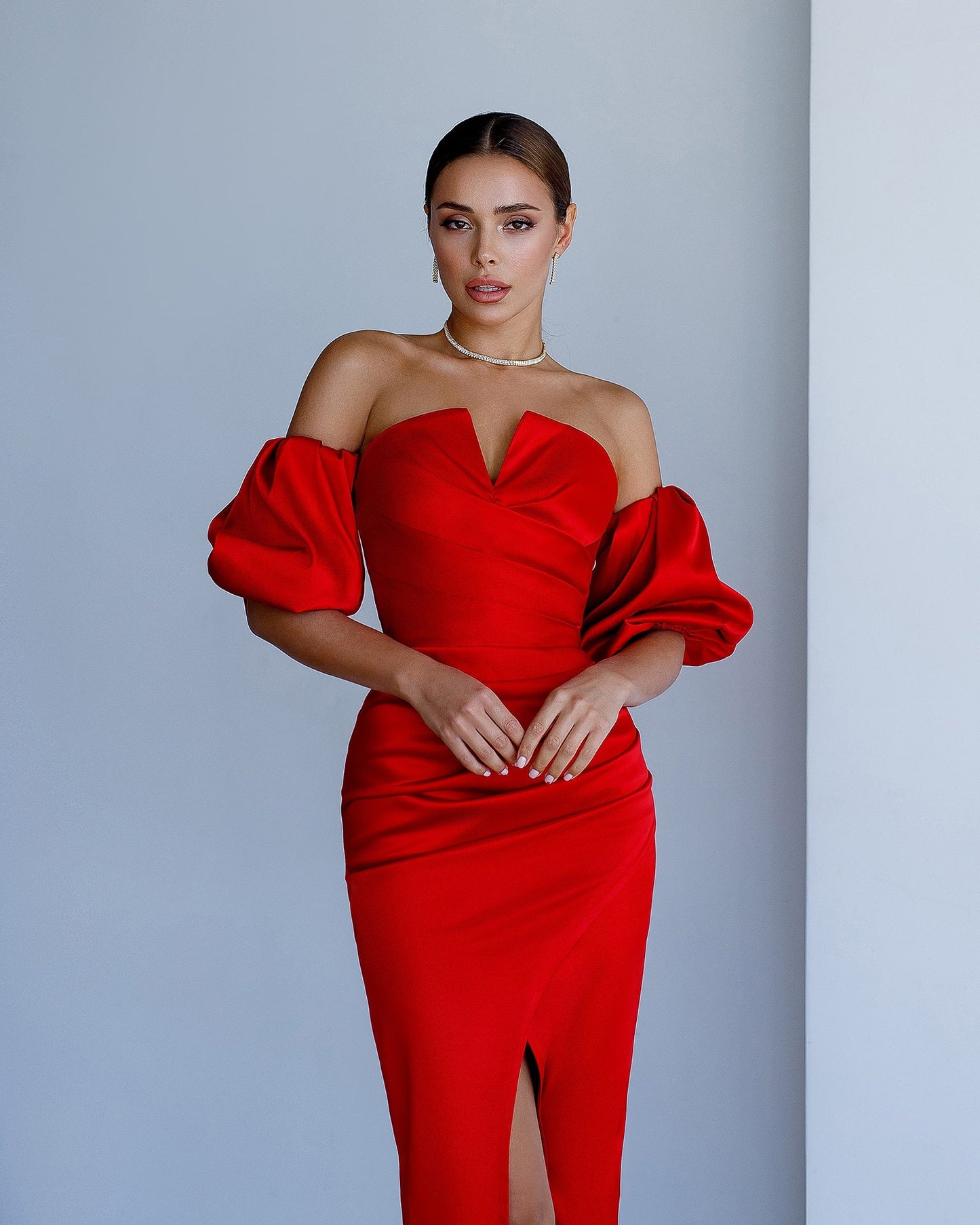 Satin Puff-Sleeve Midi Dress