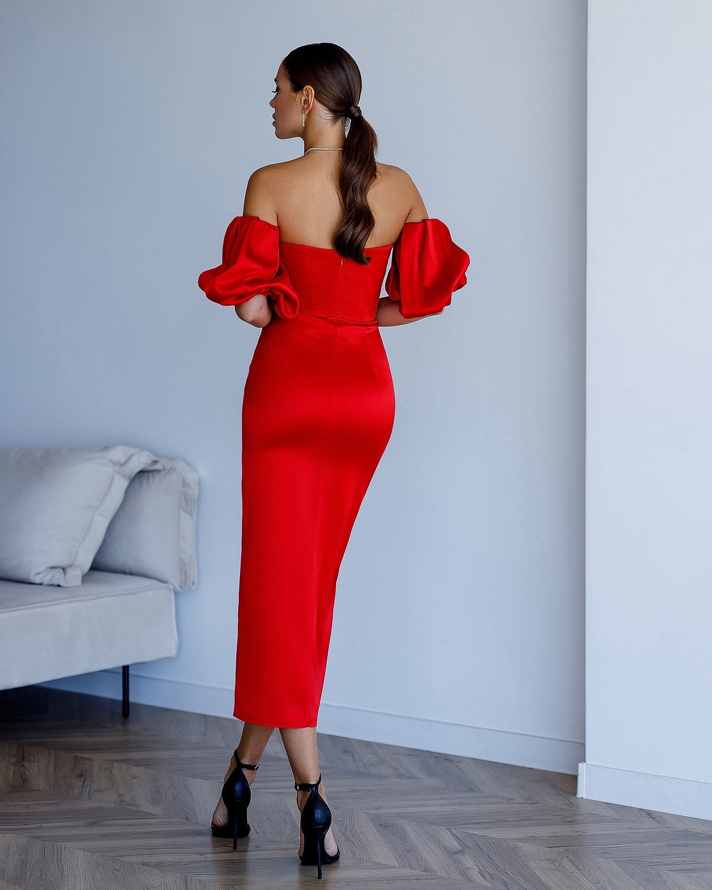 Satin Puff-Sleeve Midi Dress