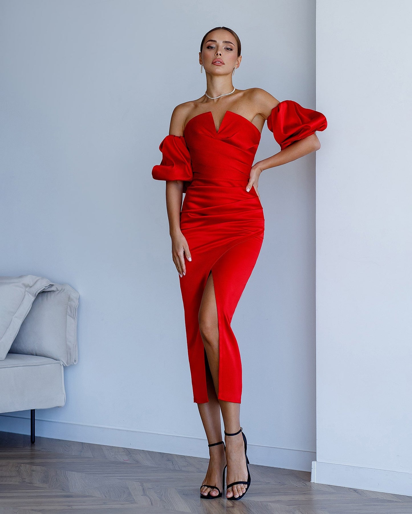 Satin Puff-Sleeve Midi Dress