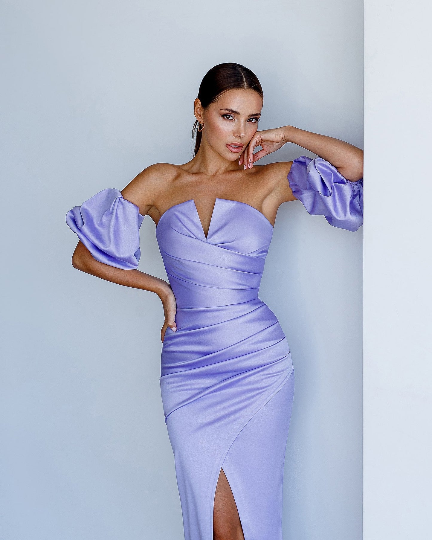 Satin Puff-Sleeve Midi Dress