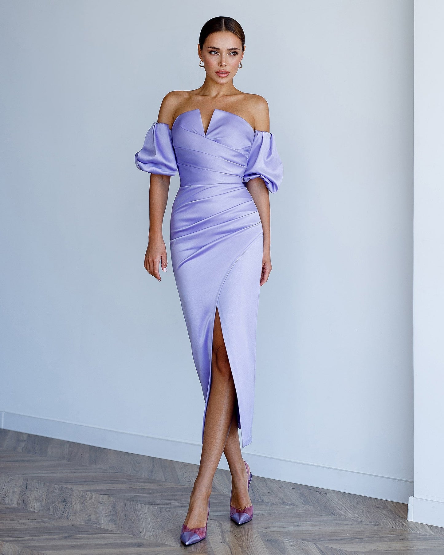 Satin Puff-Sleeve Midi Dress