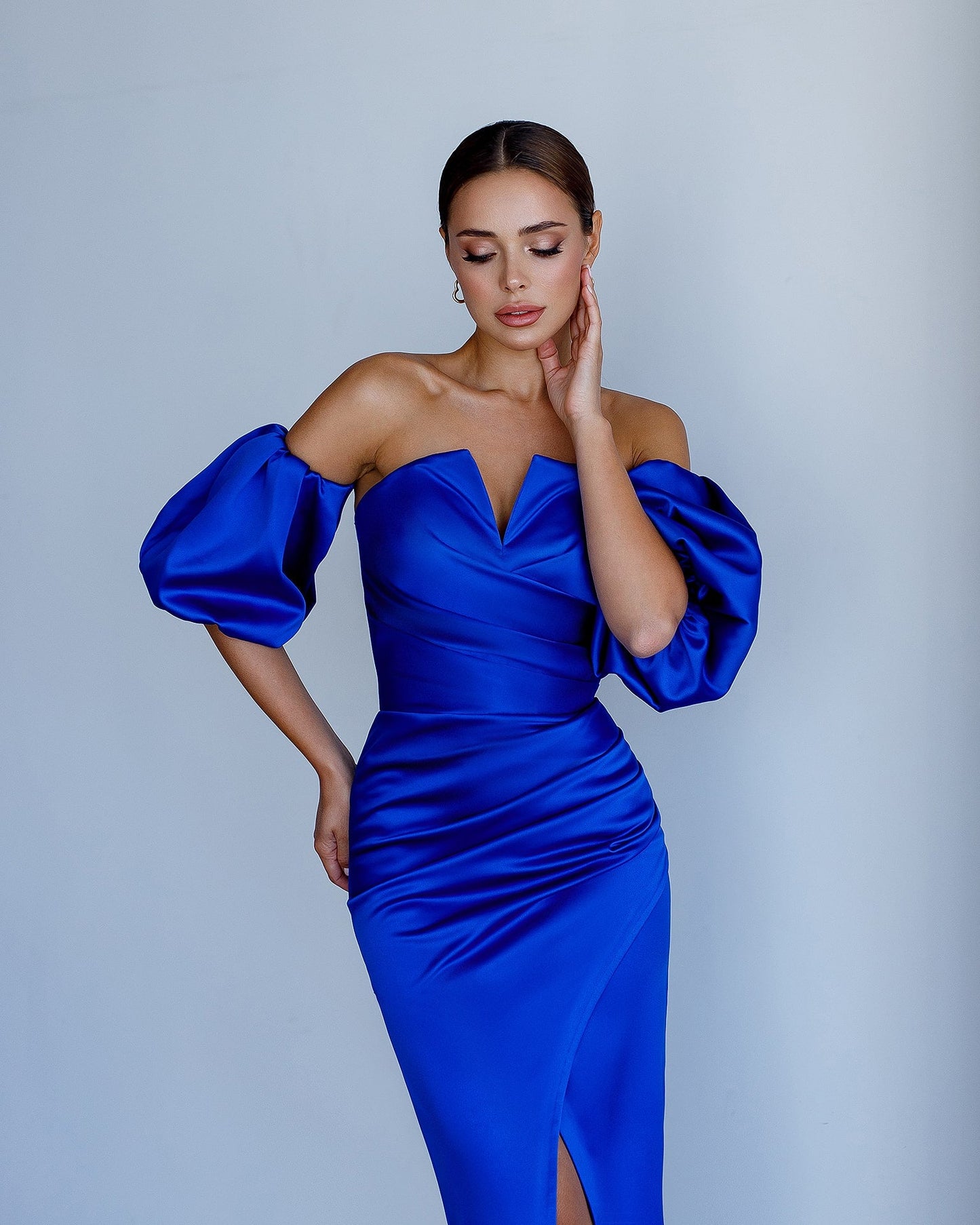 Satin Puff-Sleeve Midi Dress