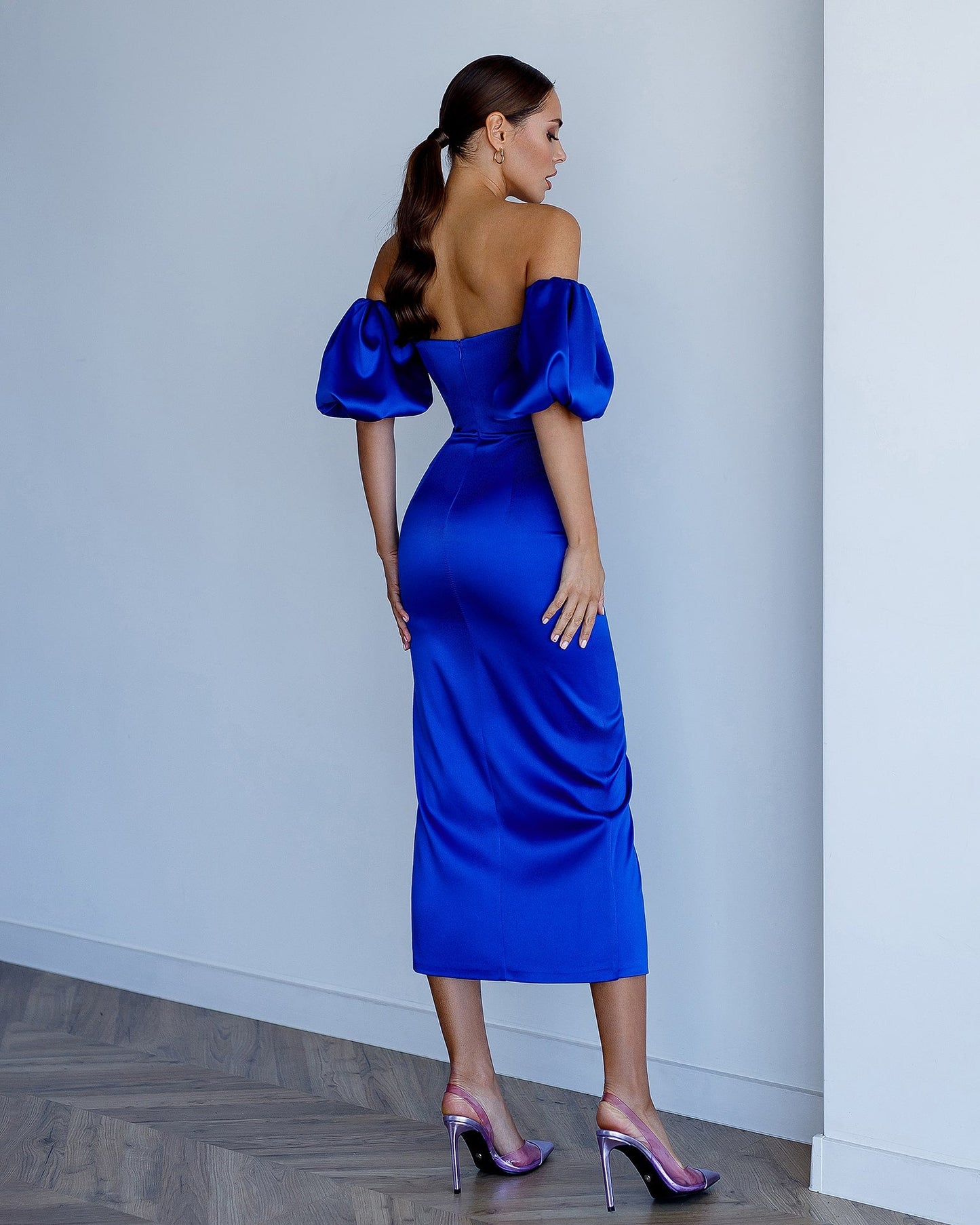 Satin Puff-Sleeve Midi Dress