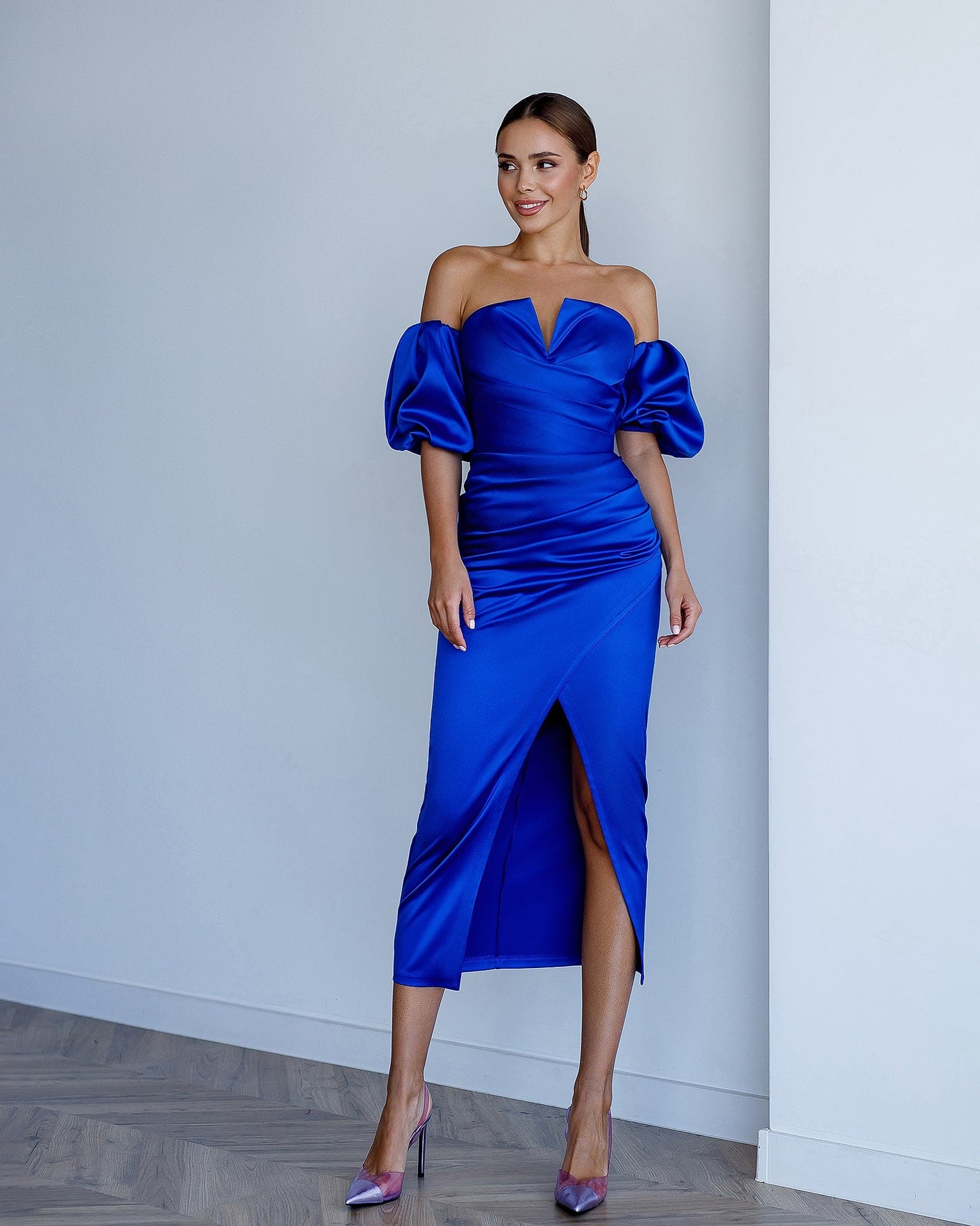 Satin Puff-Sleeve Midi Dress