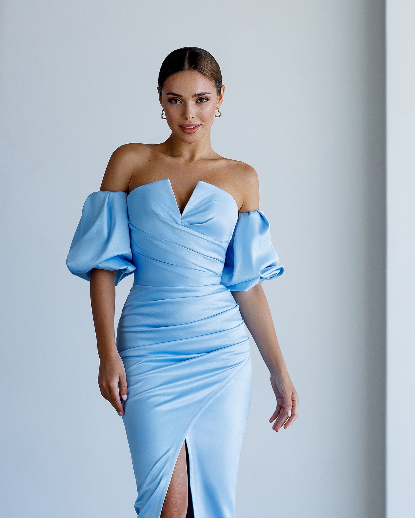 Satin Puff-Sleeve Midi Dress