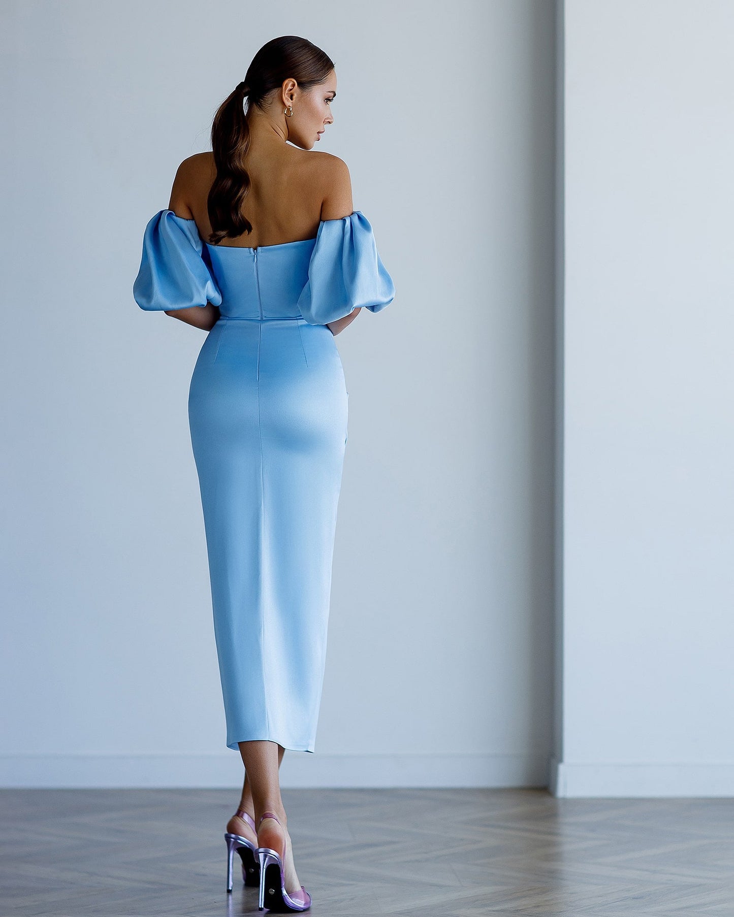 Satin Puff-Sleeve Midi Dress