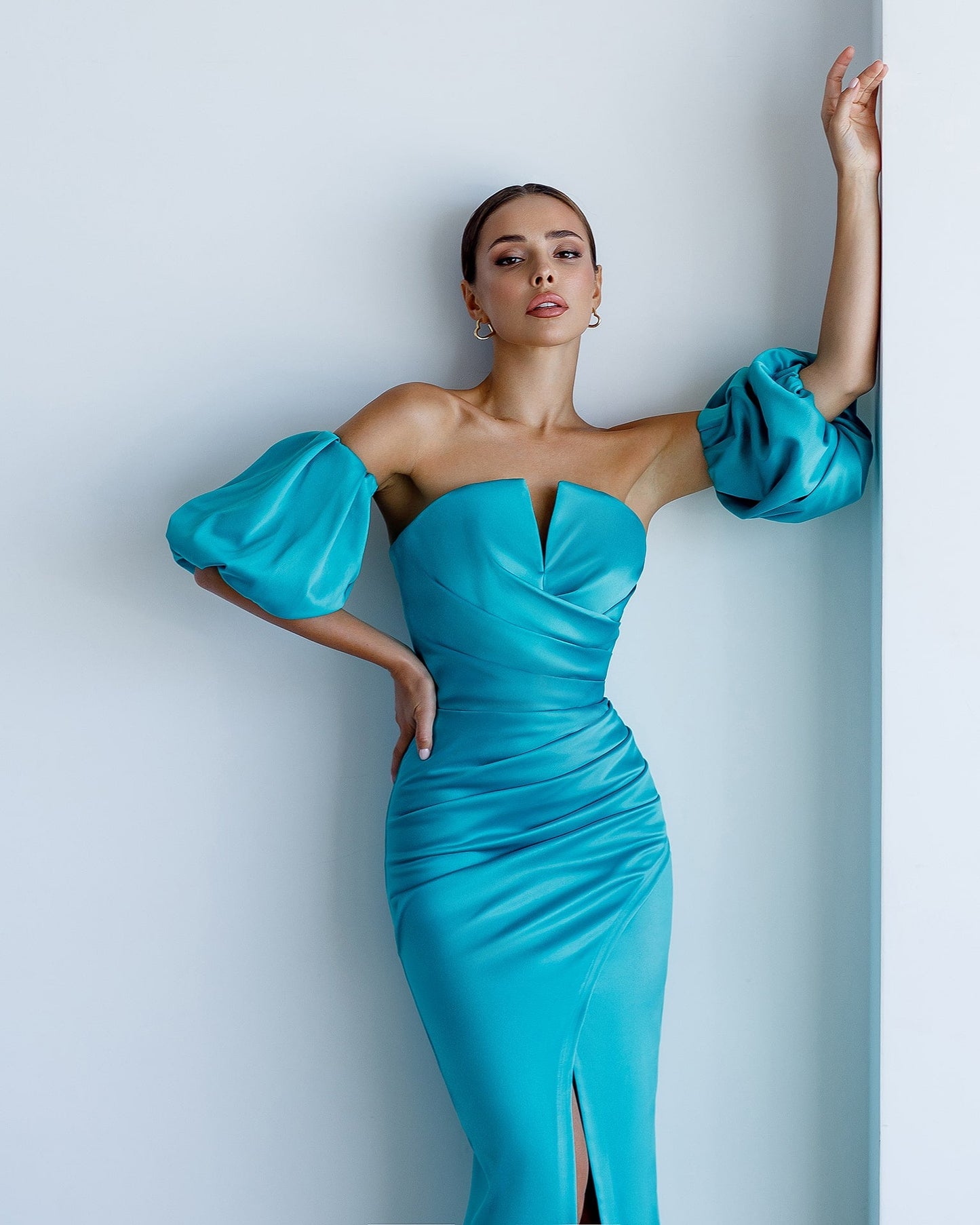 Satin Puff-Sleeve Midi Dress