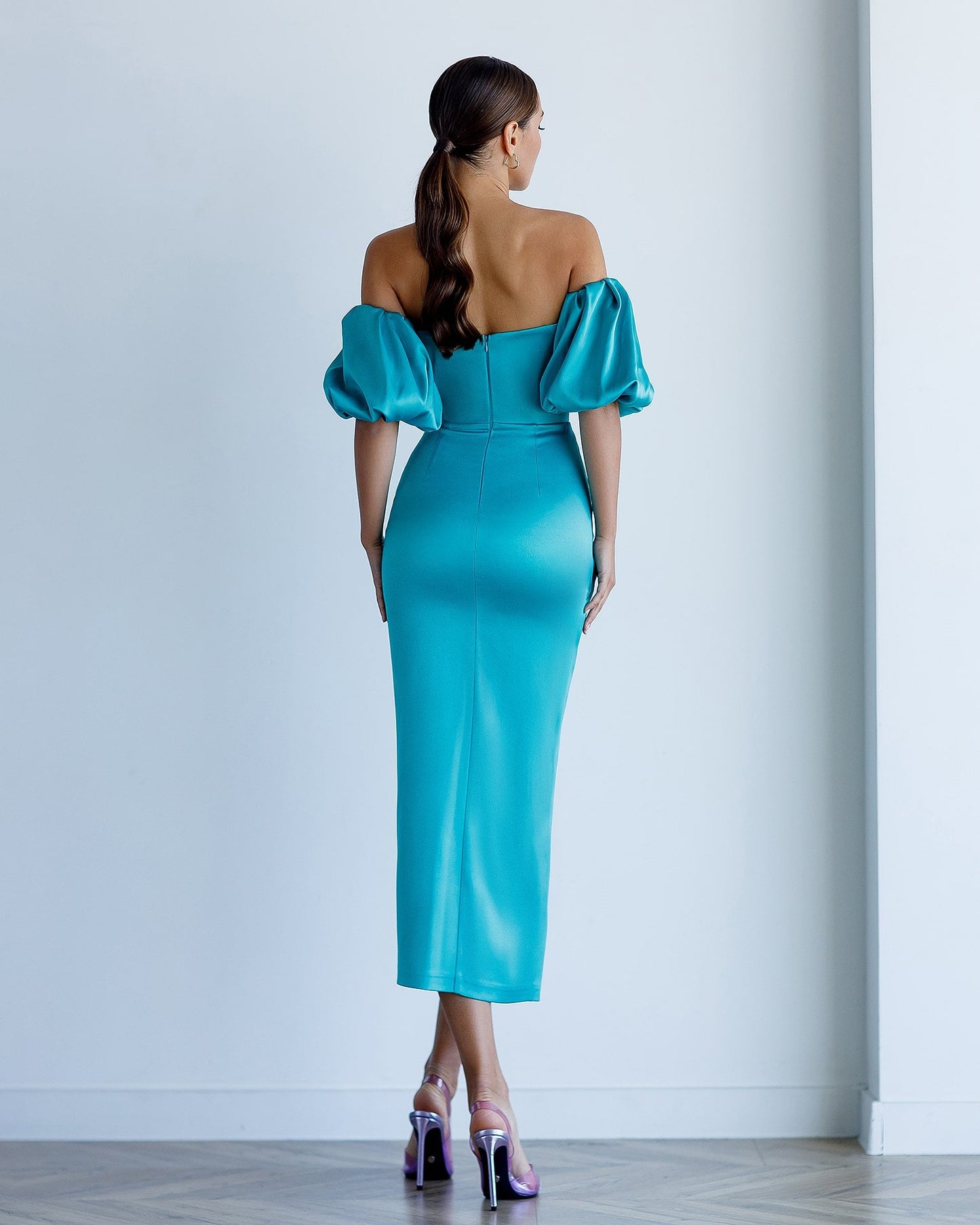 Satin Puff-Sleeve Midi Dress