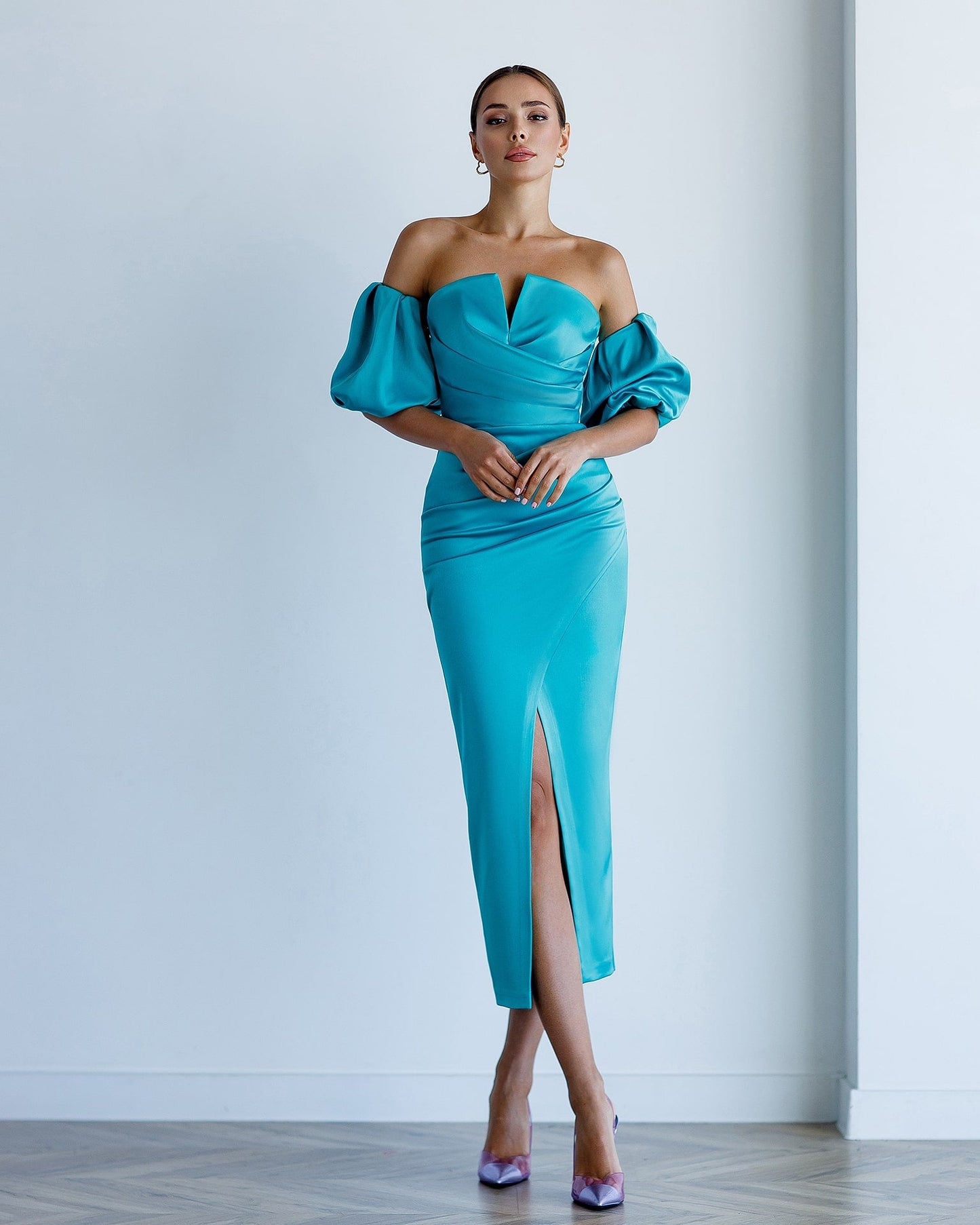 Satin Puff-Sleeve Midi Dress
