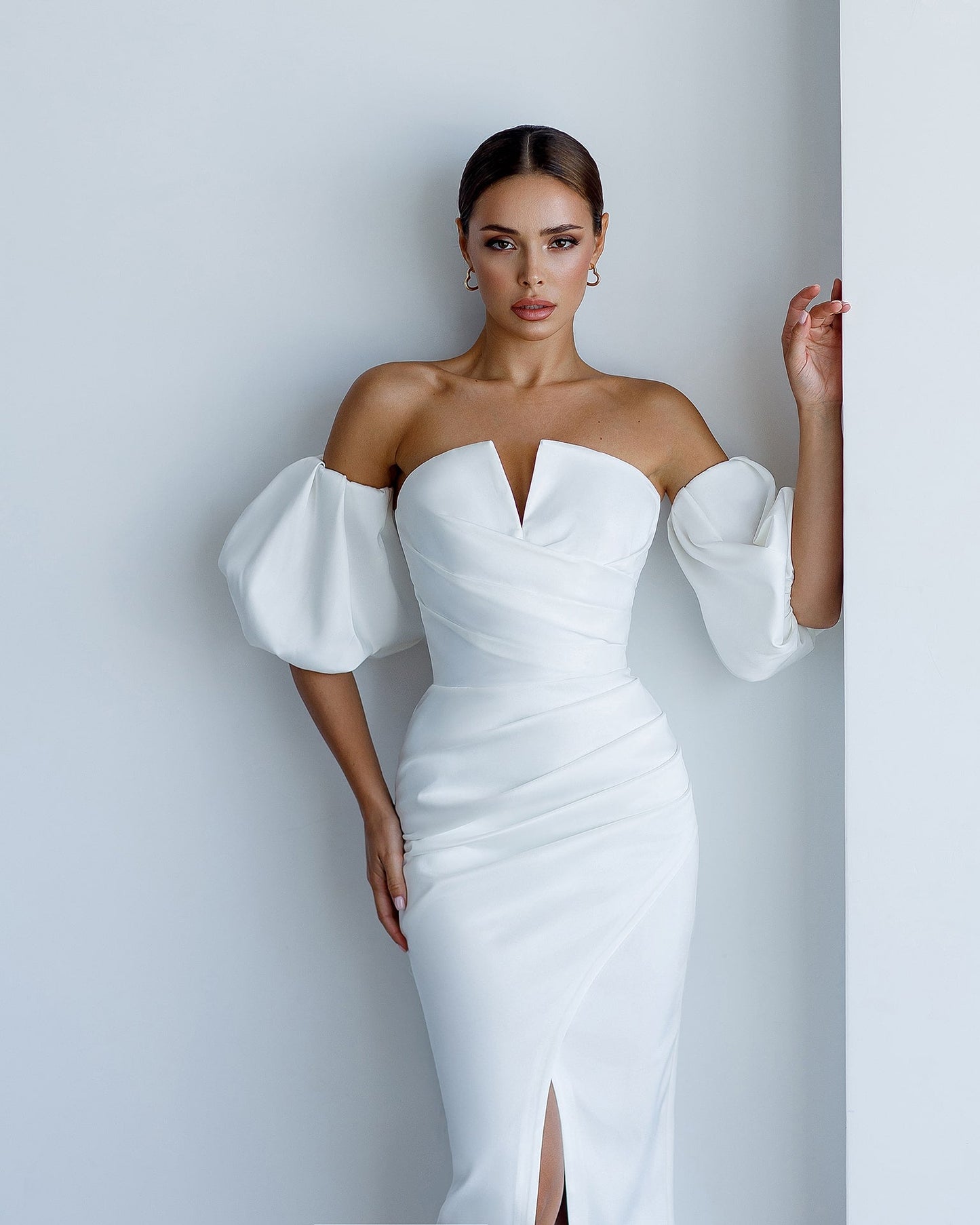 Satin Puff-Sleeve Midi Dress