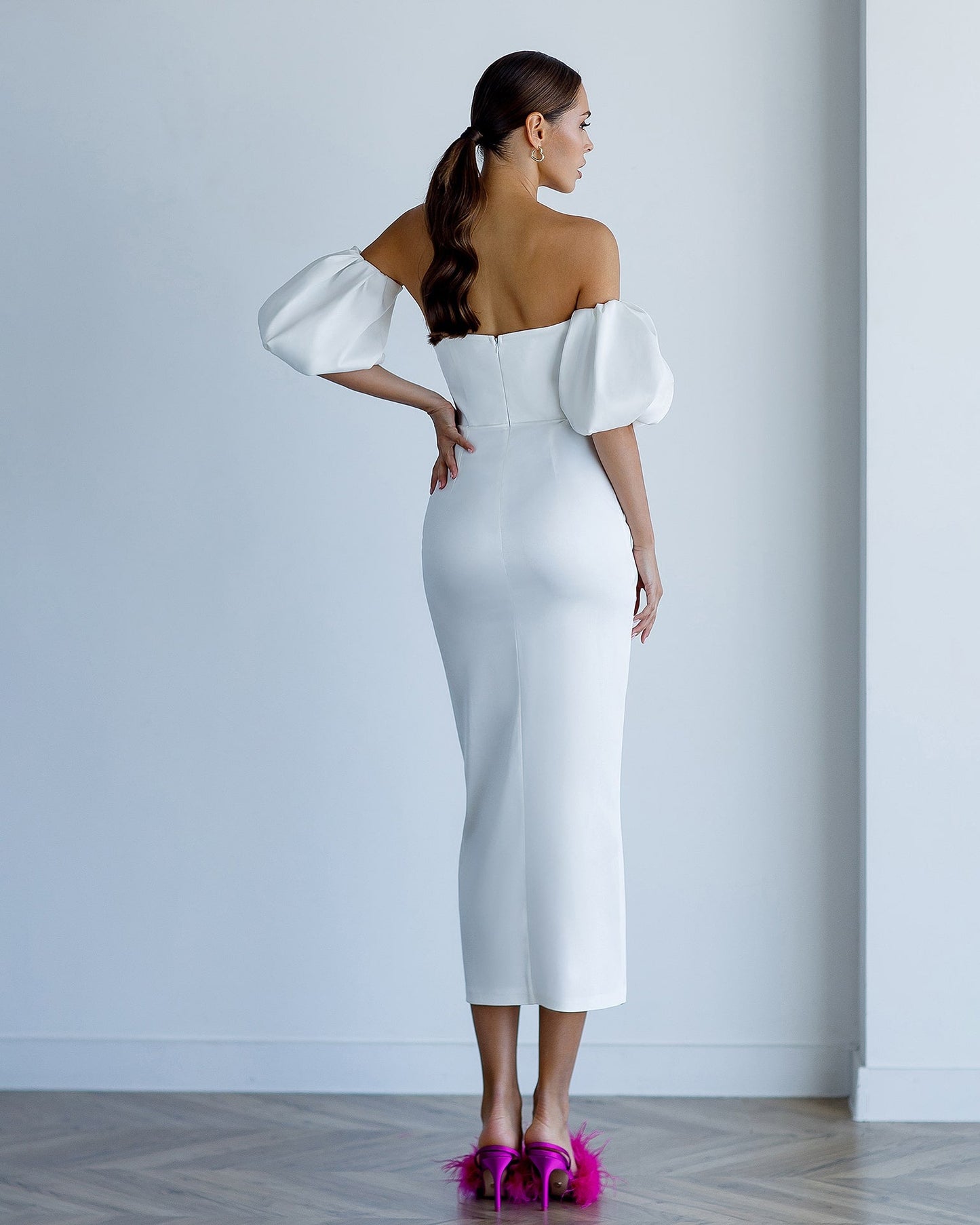 Satin Puff-Sleeve Midi Dress