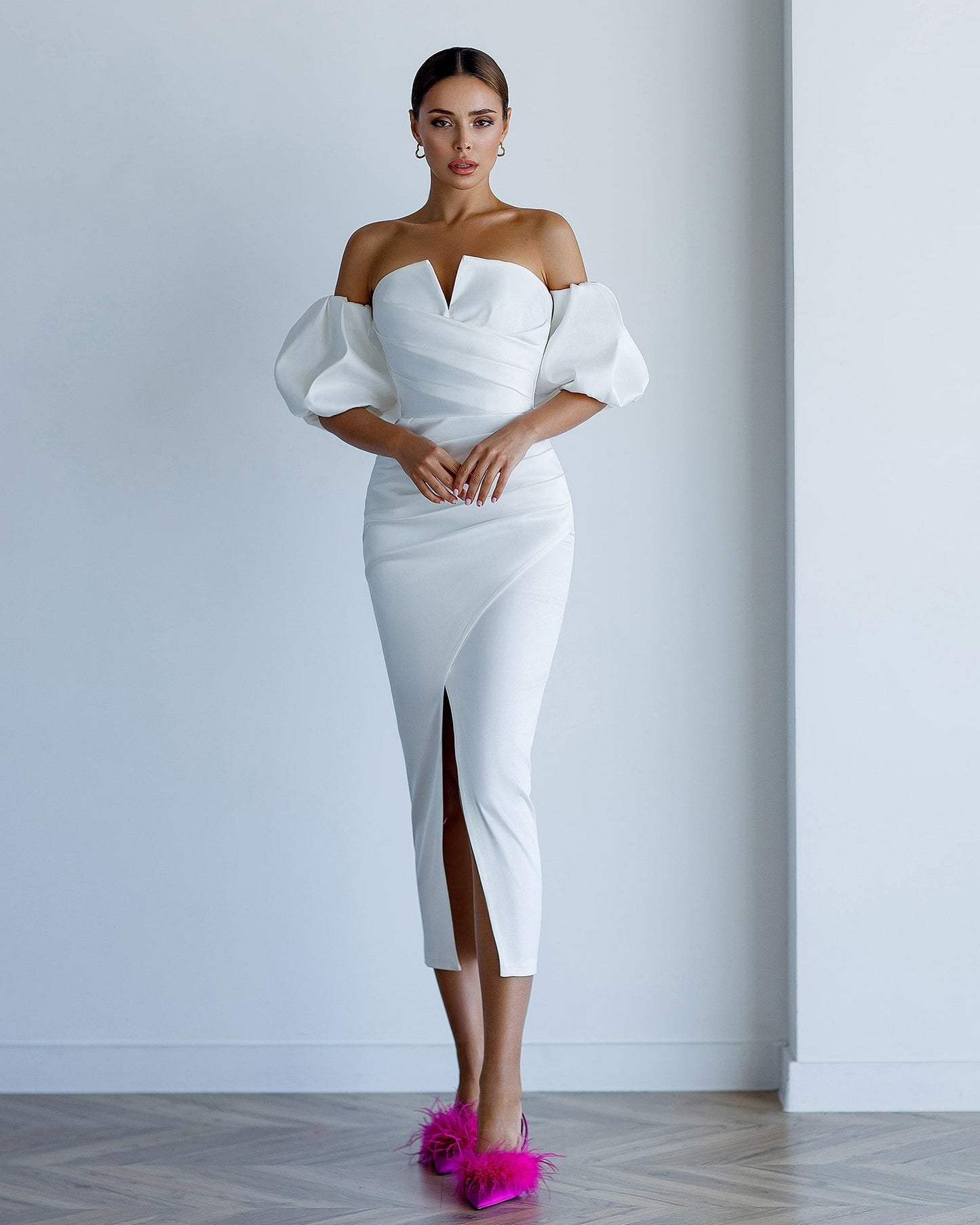 Satin Puff-Sleeve Midi Dress
