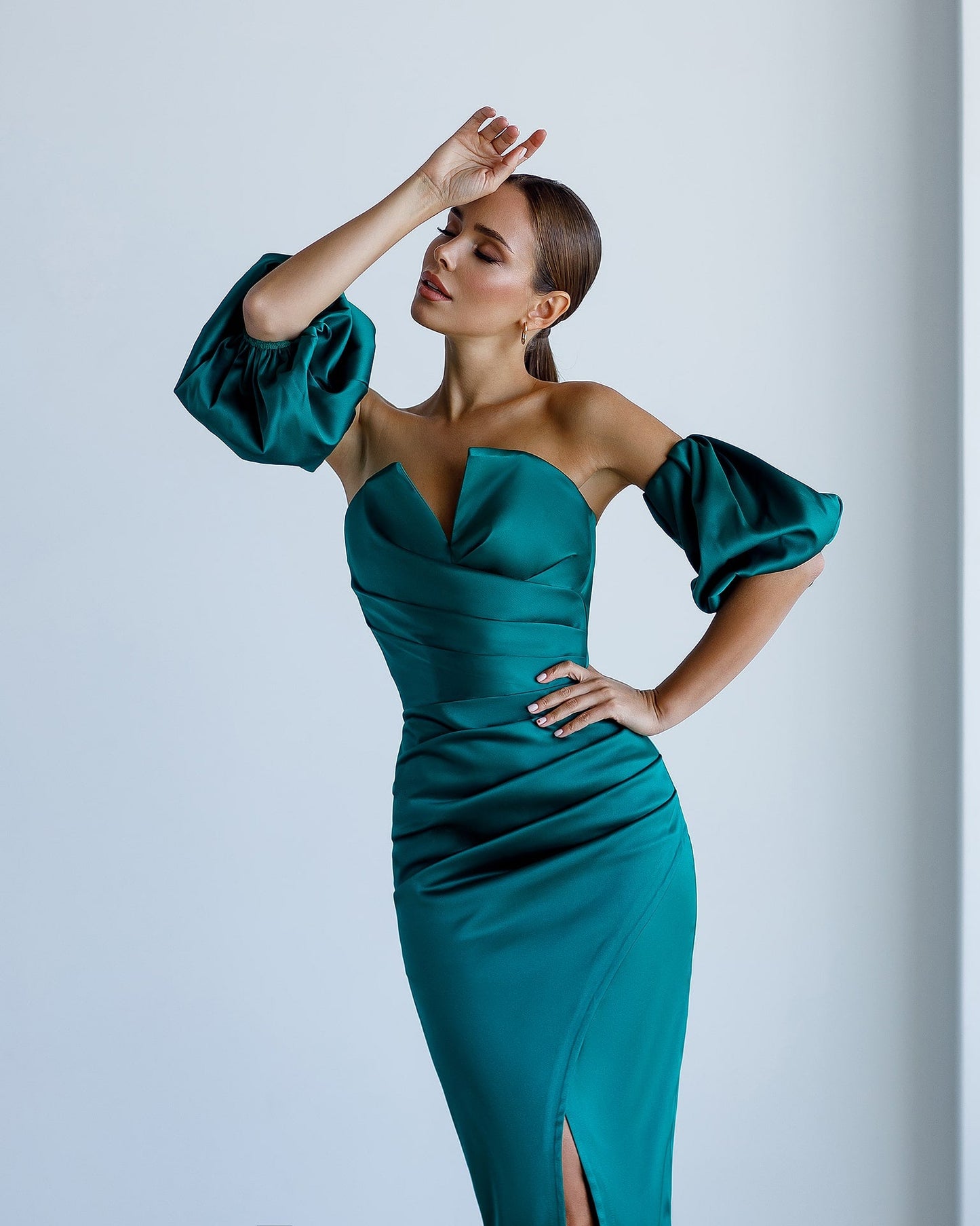 Satin Puff-Sleeve Midi Dress
