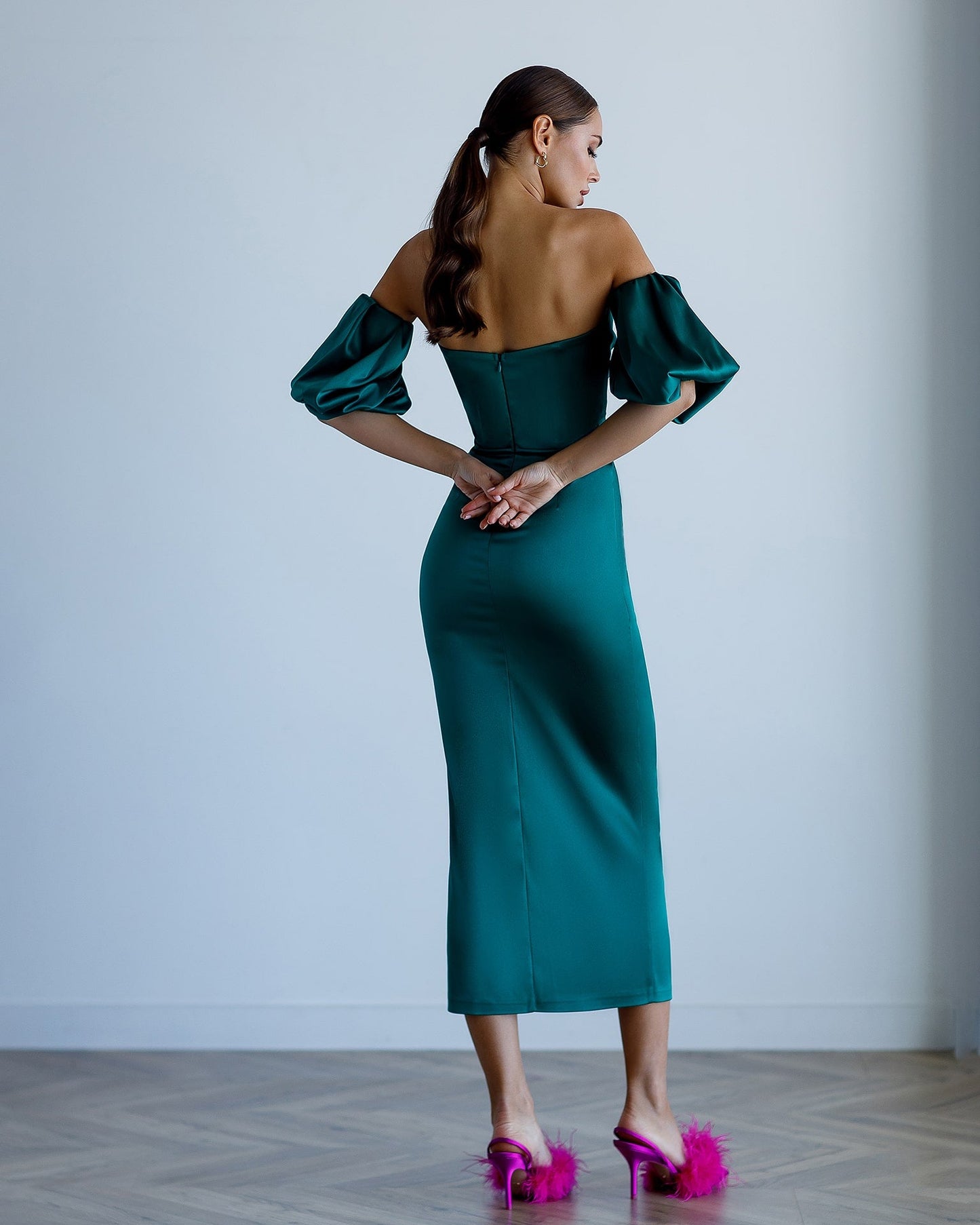 Satin Puff-Sleeve Midi Dress