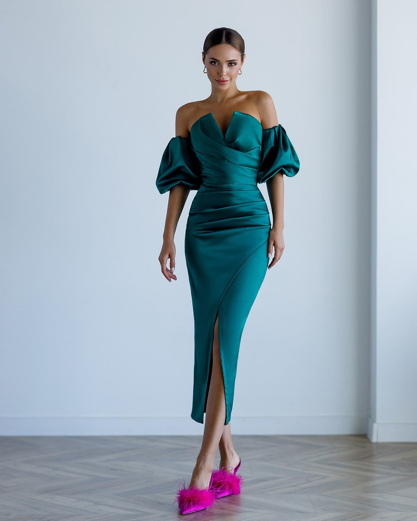 Satin Puff-Sleeve Midi Dress