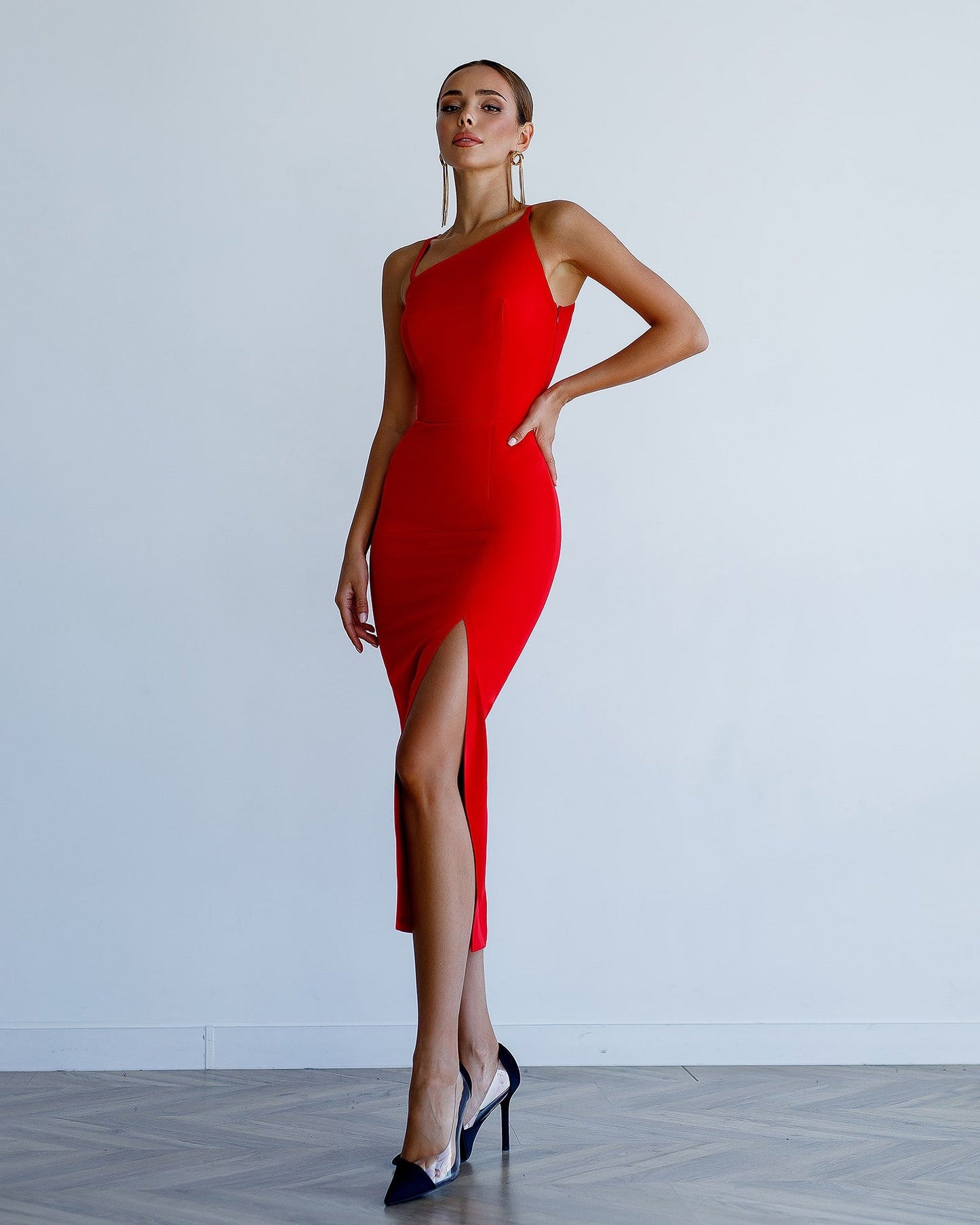 Asymmetric Neckline Midi Dress