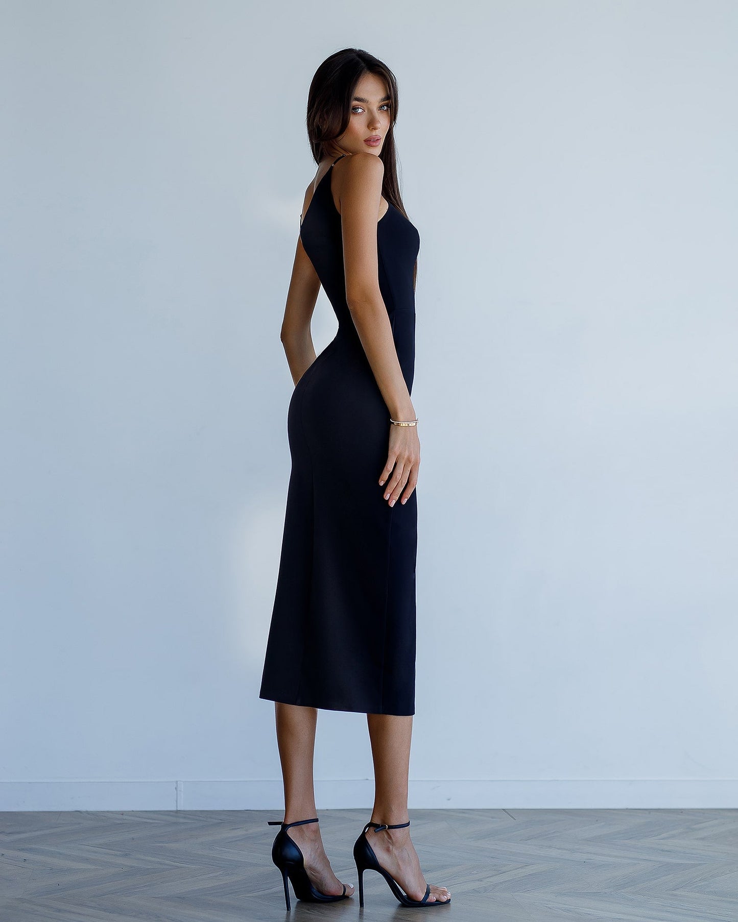 Asymmetric Neckline Midi Dress