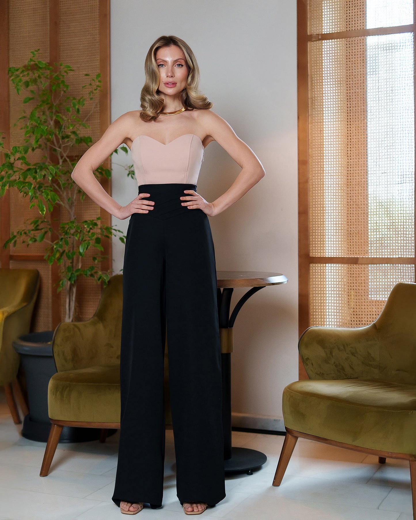 Draped Waist Wide-Leg Pants