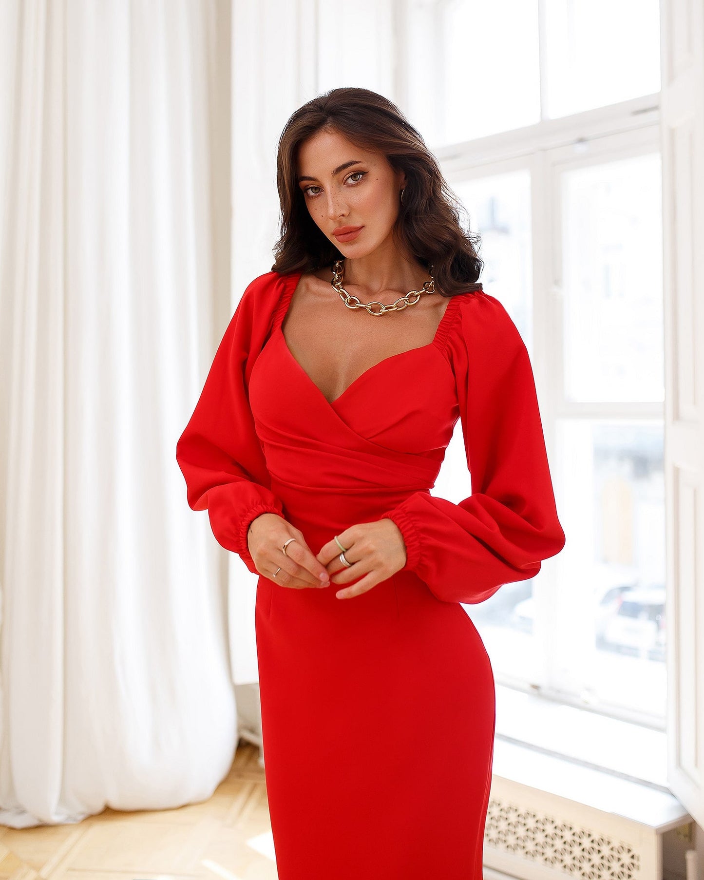 Puff-Sleeve Midi Dress