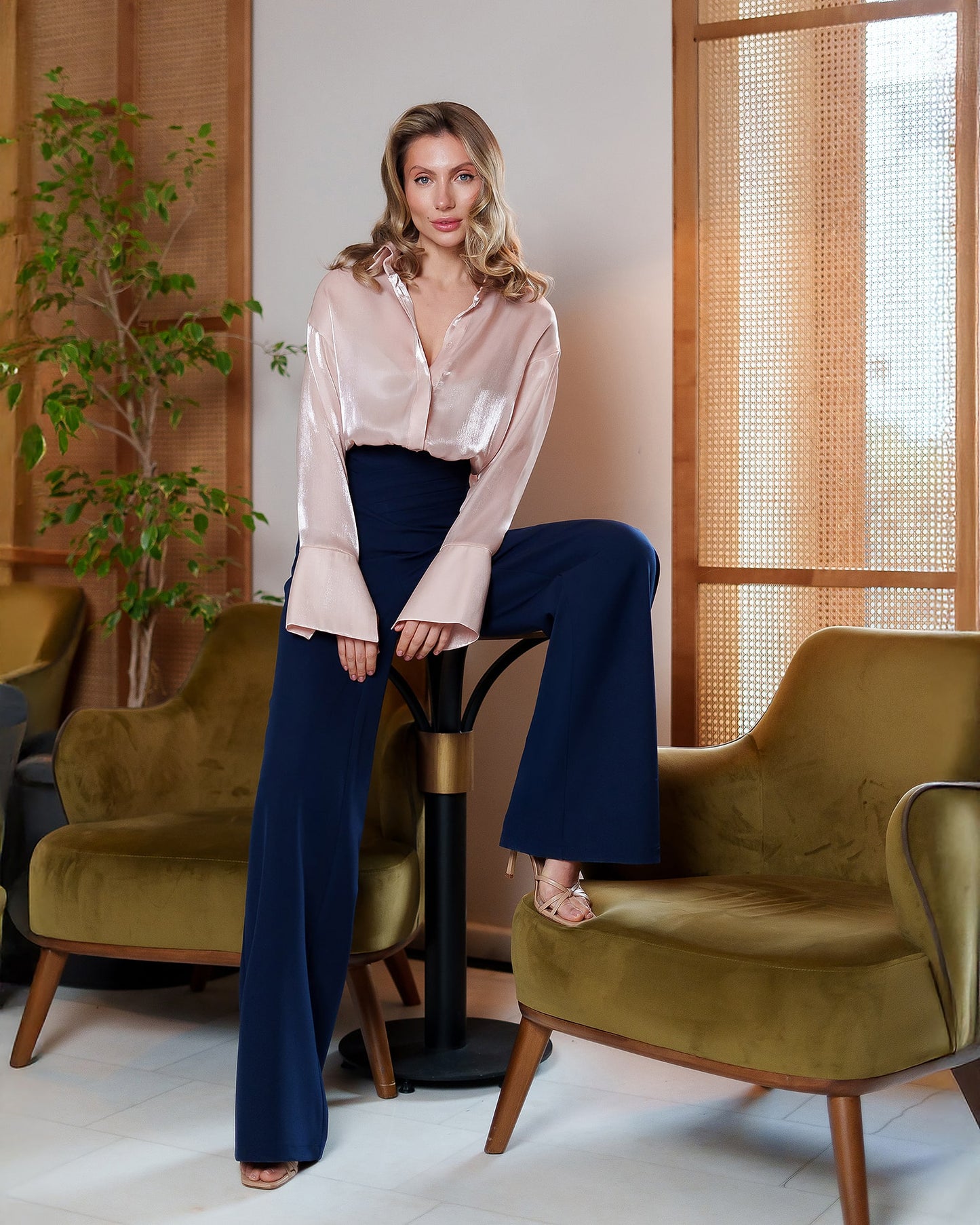 Draped Waist Wide-Leg Pants