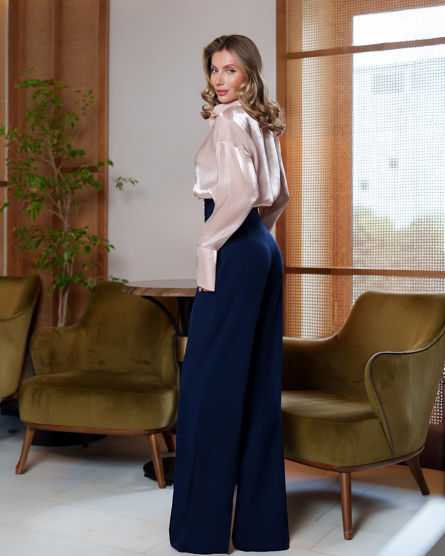 Draped Waist Wide-Leg Pants