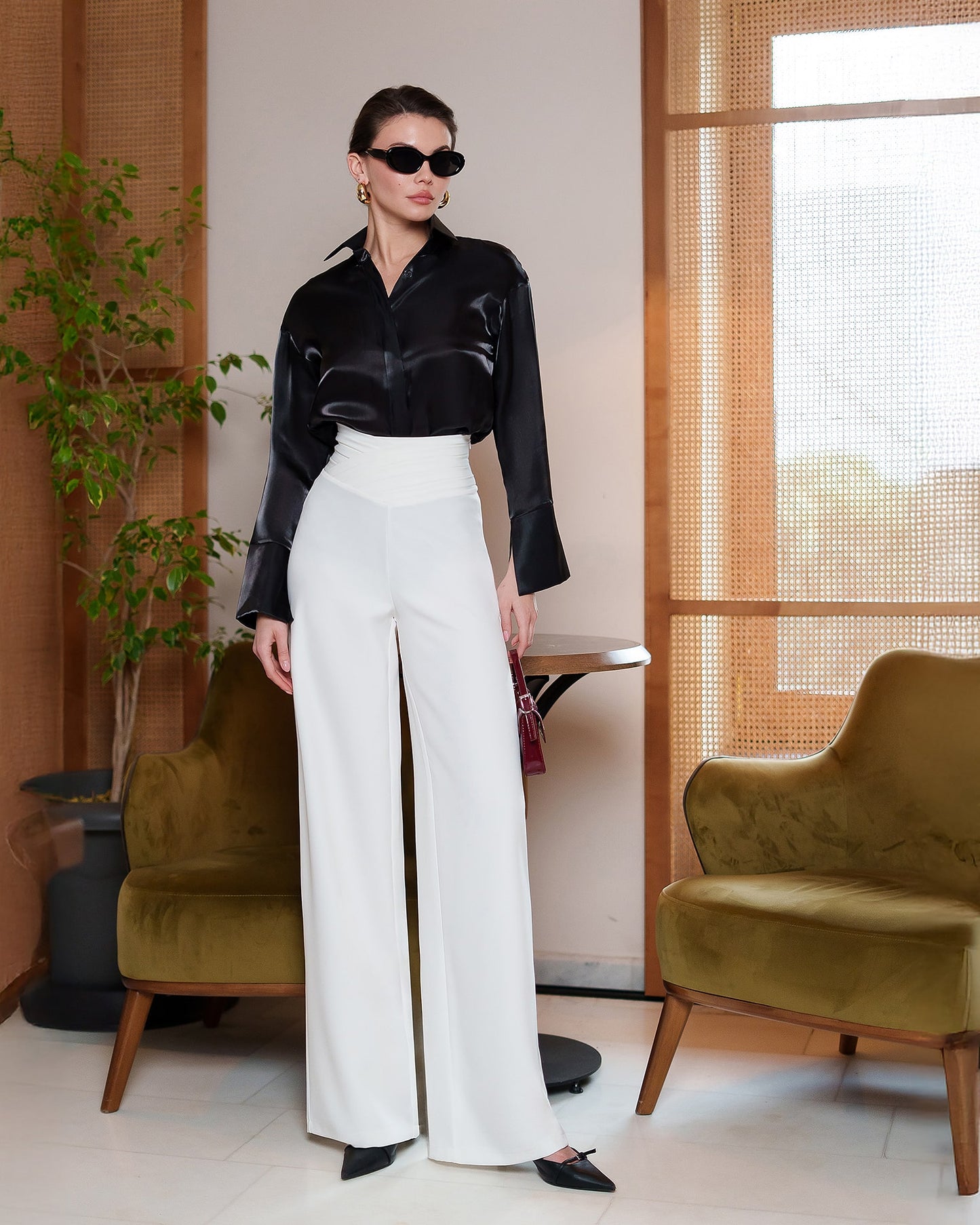 Draped Waist Wide-Leg Pants