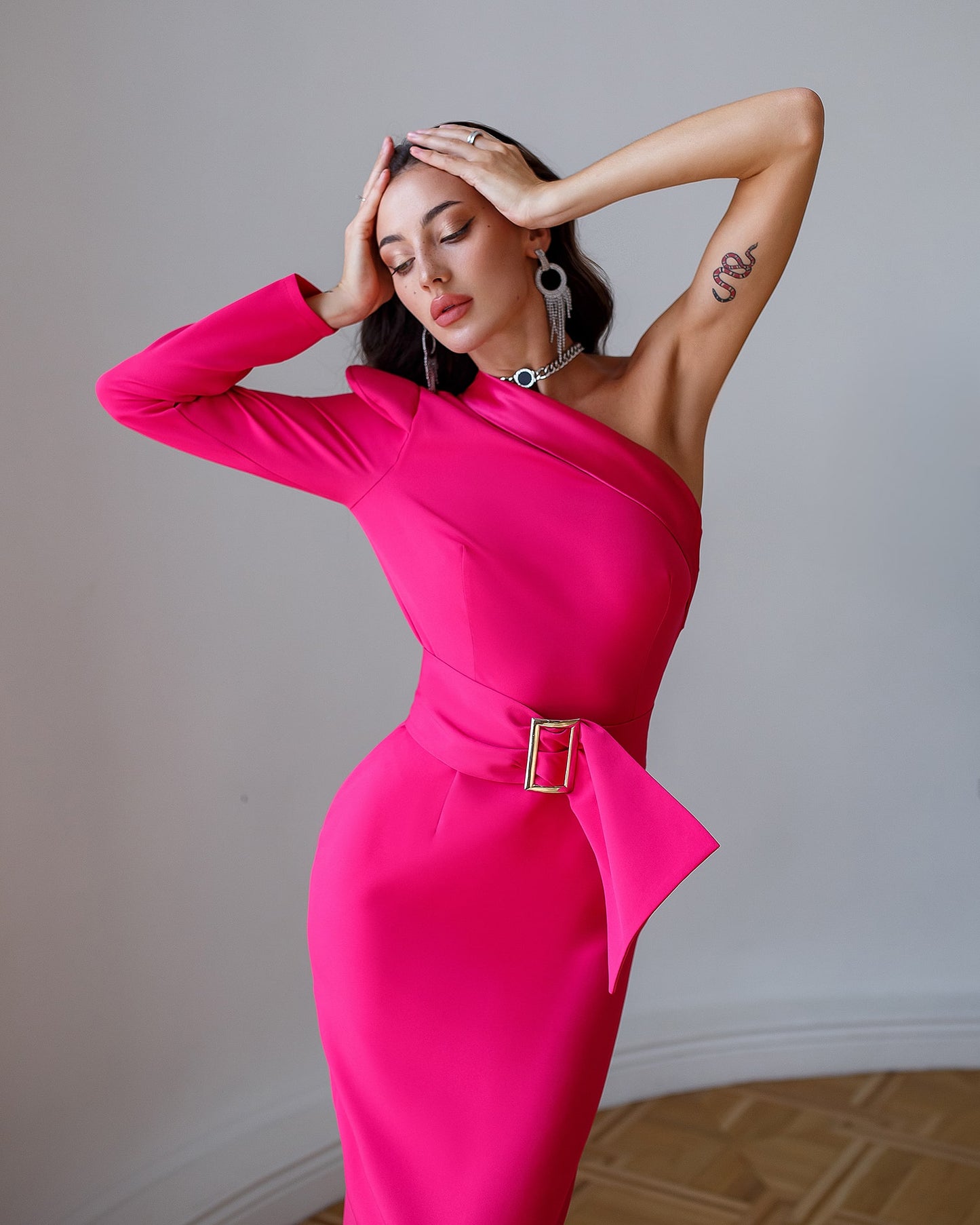 One-Shoulder Belted Midi Dress