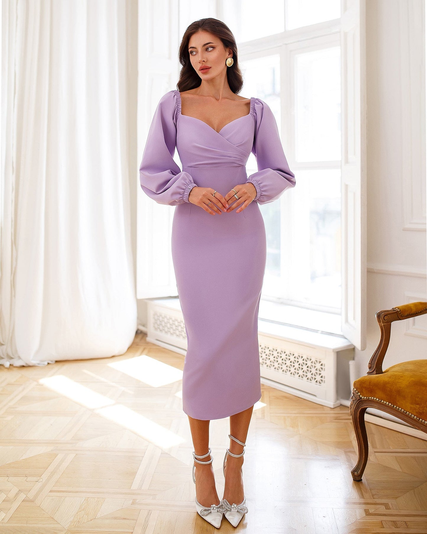 Puff-Sleeve Midi Dress