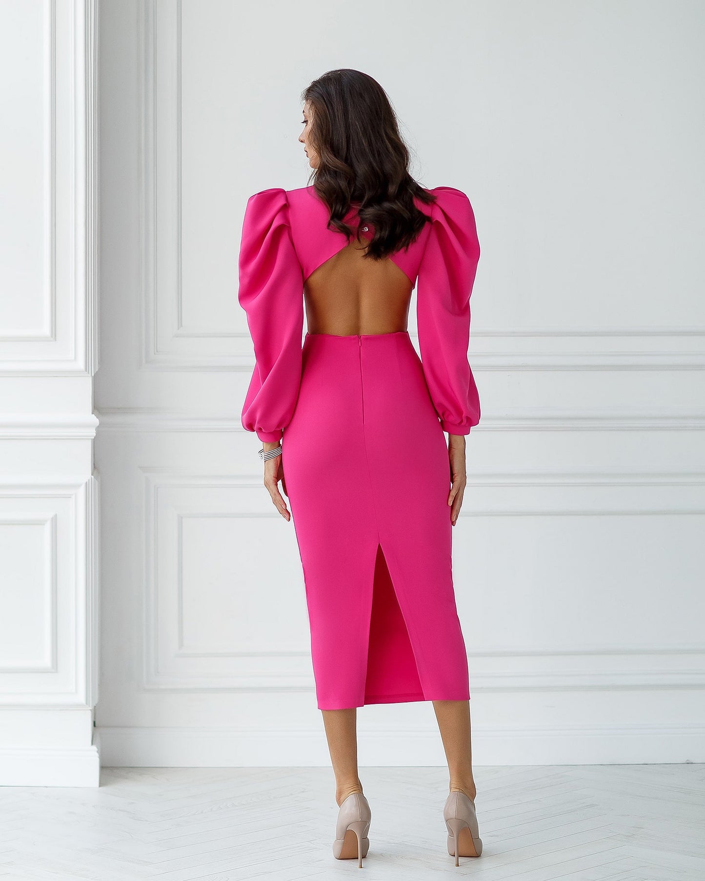 Backless Cut-Out Puff-Sleeve Midi Dress